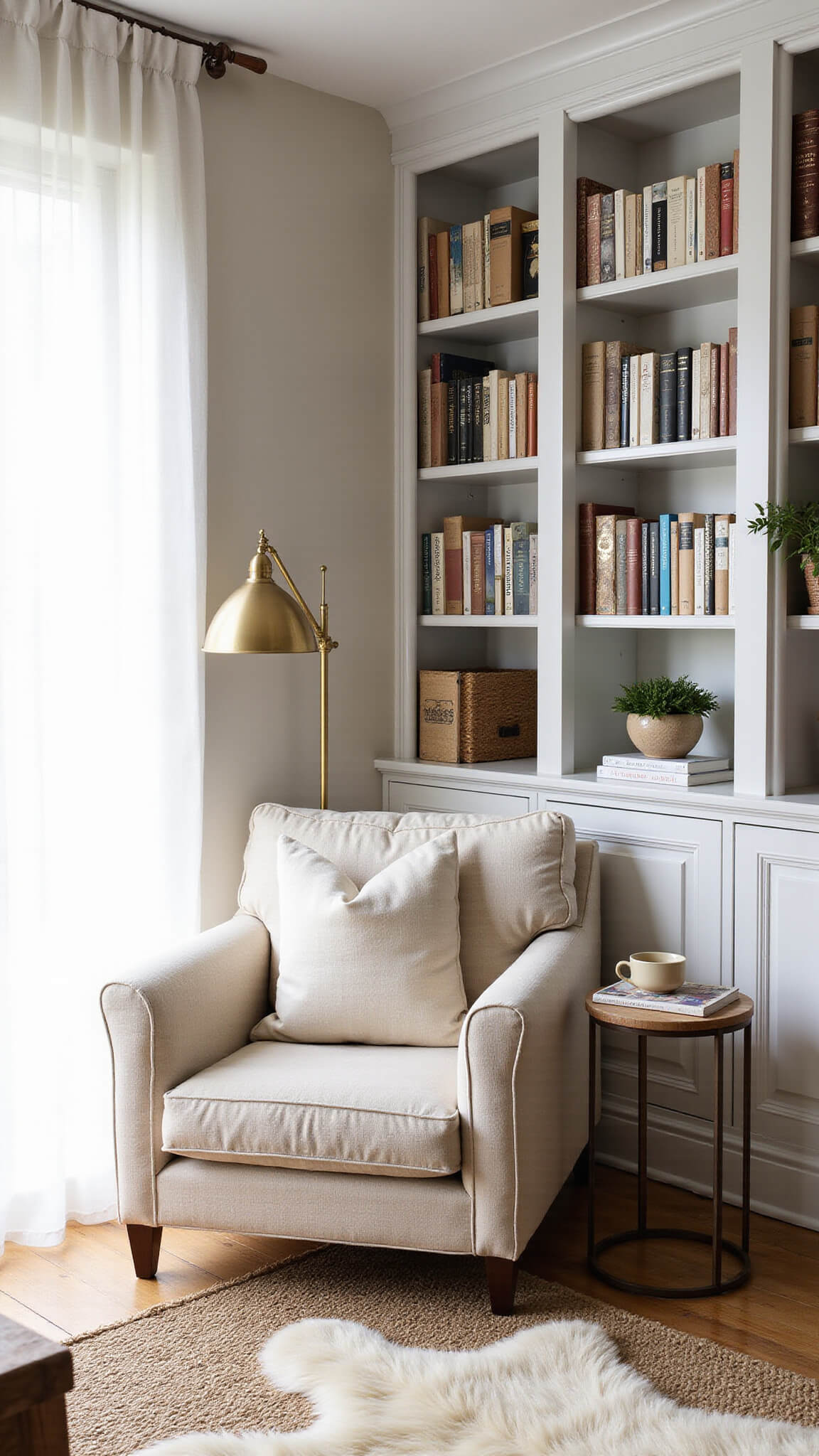 Cozy reading nook with tall white bookshelves, natural linen chair, ceramic side table, sheepskin rug over sisal floor, and soft natural light filtering through sheer curtains.