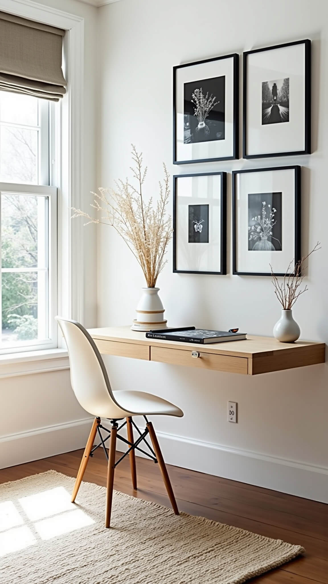 Scandinavian home office with floating oak desk, white chair, large window, black-and-white gallery wall, and natural light creating a calm, focused atmosphere.