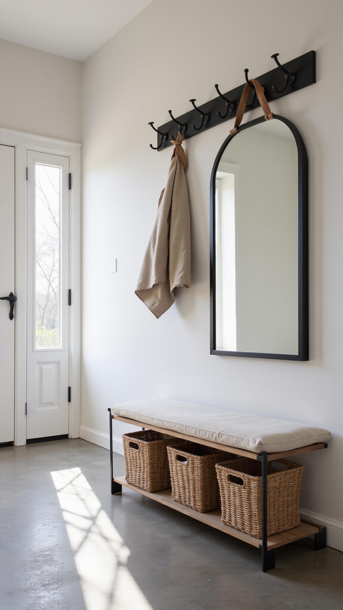 Minimalist 6x8ft entryway with whitewashed oak floating bench, black coat hooks, leather-strap mirror, concrete floor, woven baskets, and dramatic morning light through steel-framed door.