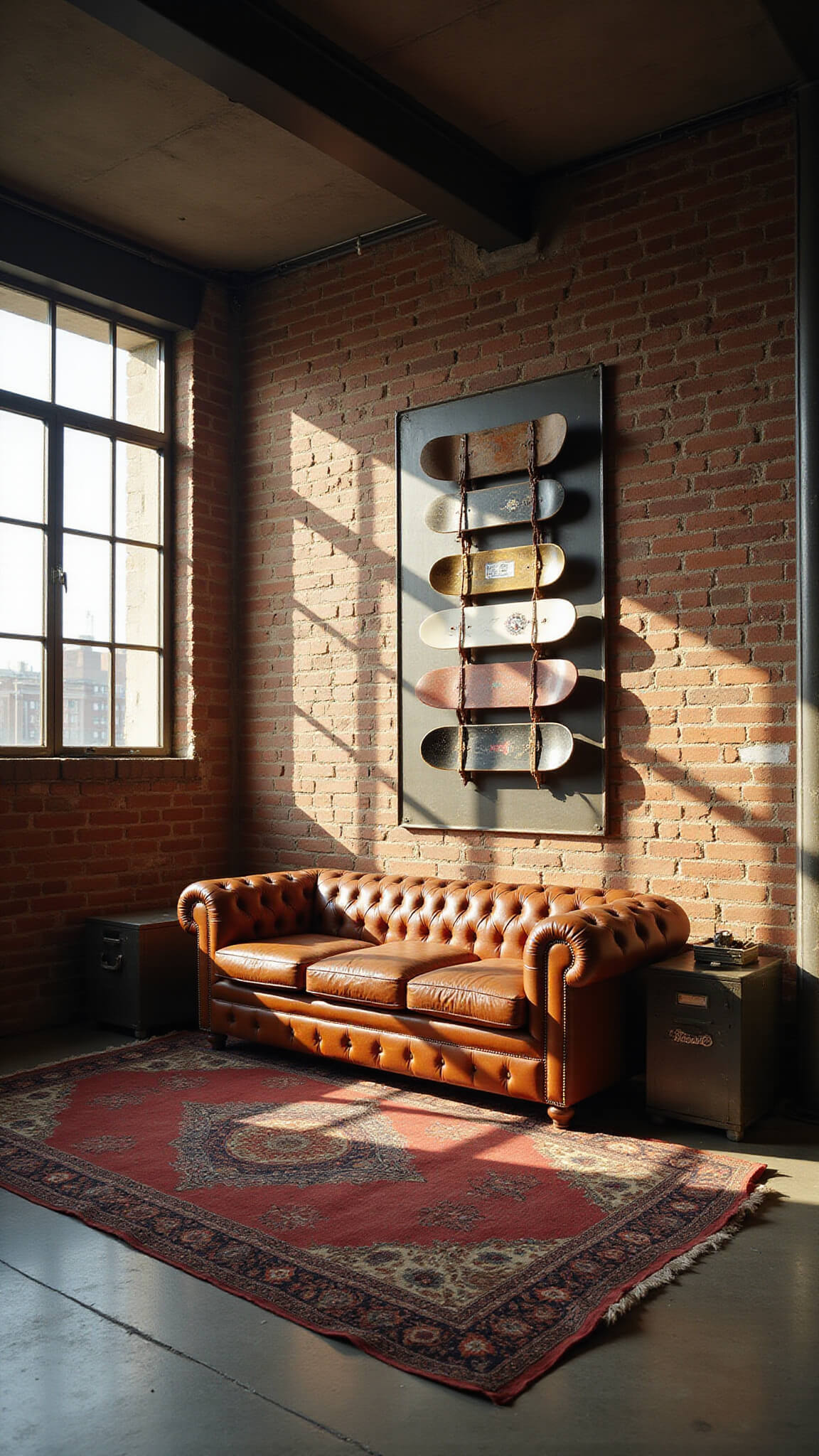 Industrial urban loft living room with leather Chesterfield sofa, vintage lockers, skateboard art, and sunlit brick walls.
