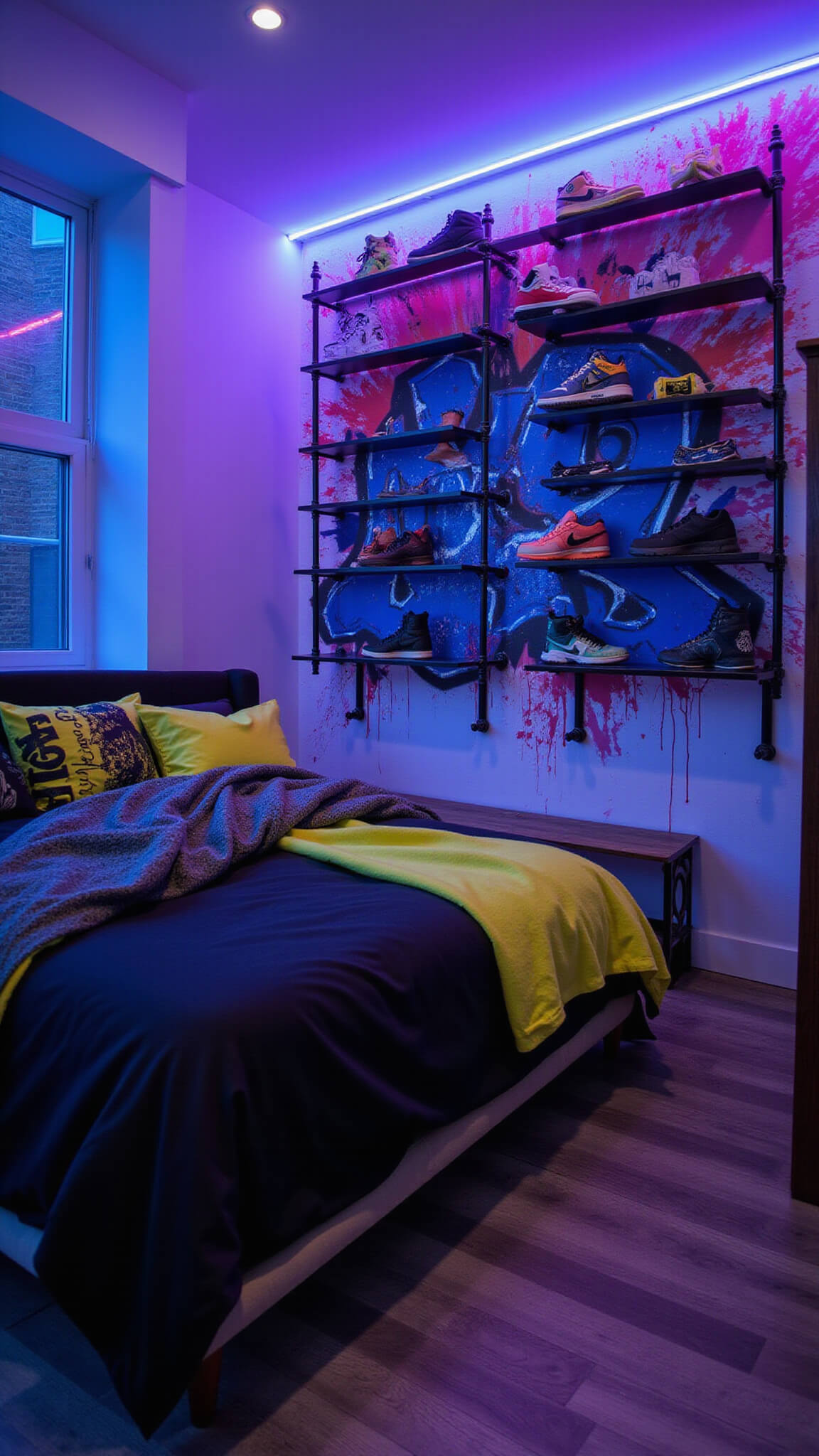 High-angle view of a compact urban bedroom with graffiti mural, black platform bed, neon accents, sneaker display on industrial shelves, and purple LED lighting at twilight.