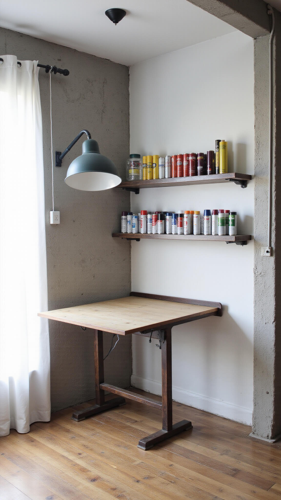 Creative studio corner with vintage drafting table, industrial pendant lamp, and color-sorted spray paint cans against contrasting concrete and white walls.