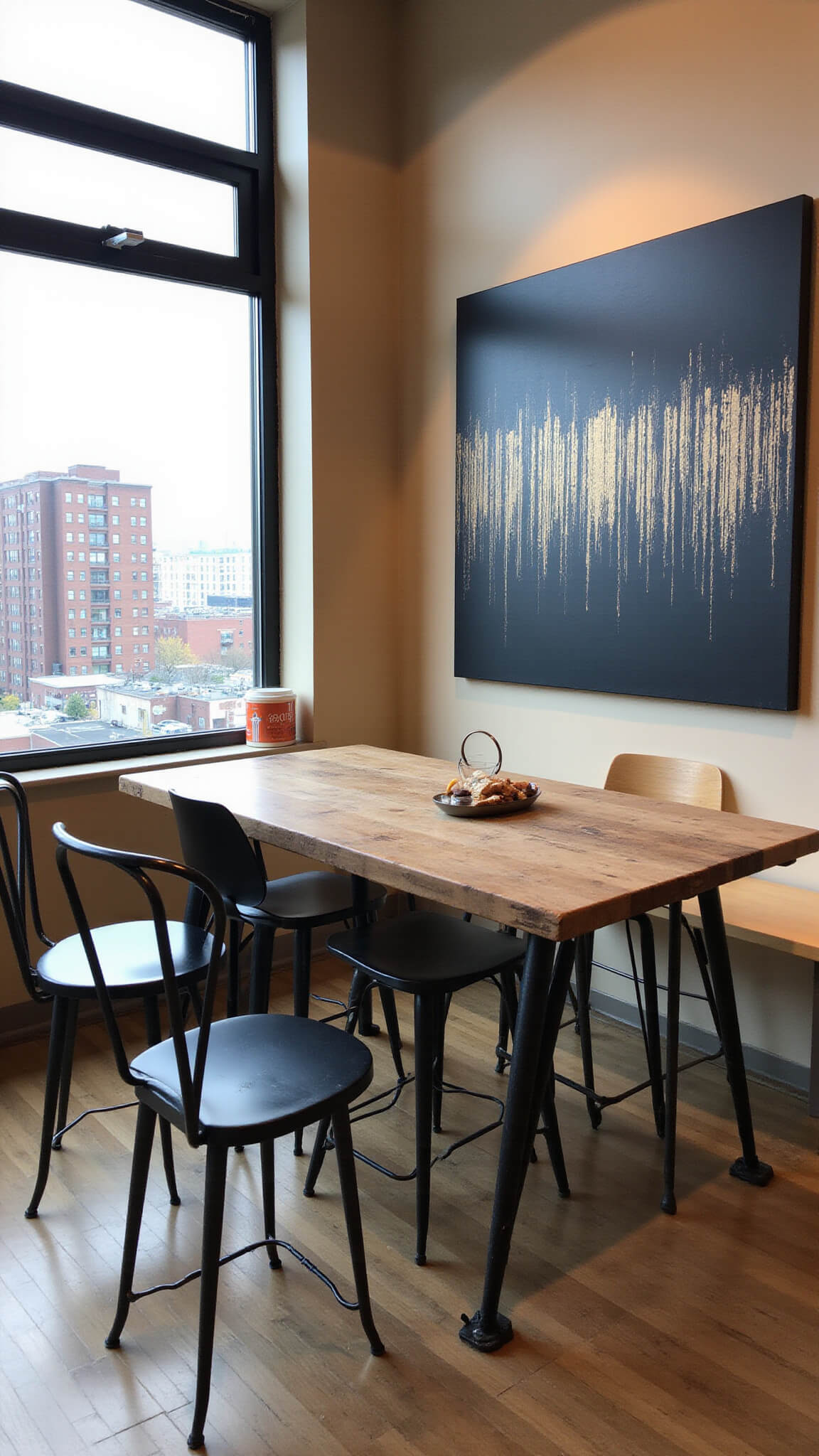 Urban breakfast nook with reclaimed subway door table, mixed seating, abstract street art, and city view through floor-to-ceiling windows.