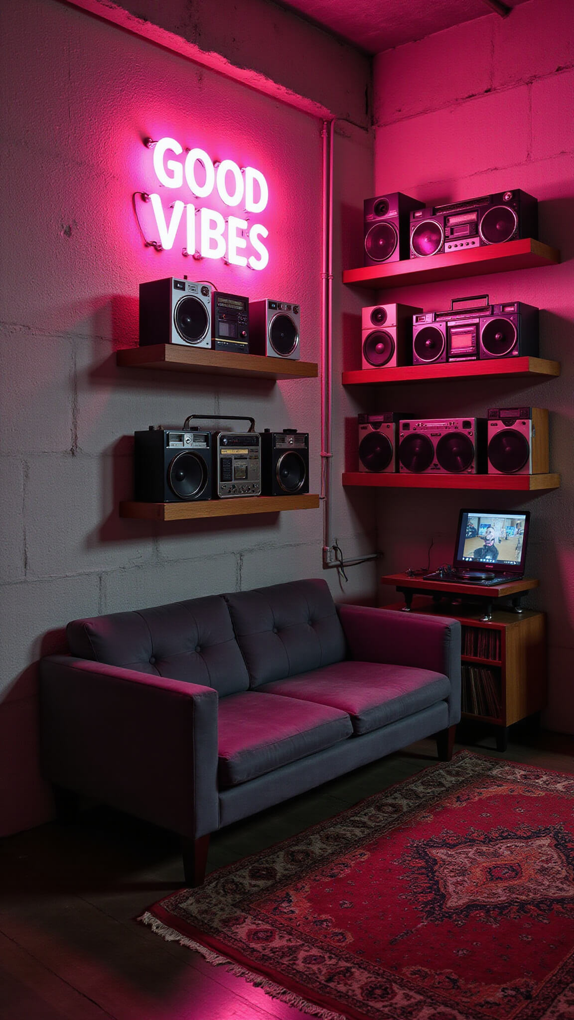 Moody hip-hop lounge in 18x20ft basement with concrete walls, pink neon 'GOOD VIBES' sign, vintage boomboxes on shelves, charcoal velvet sofa, red Persian rug, and vinyl record setup.