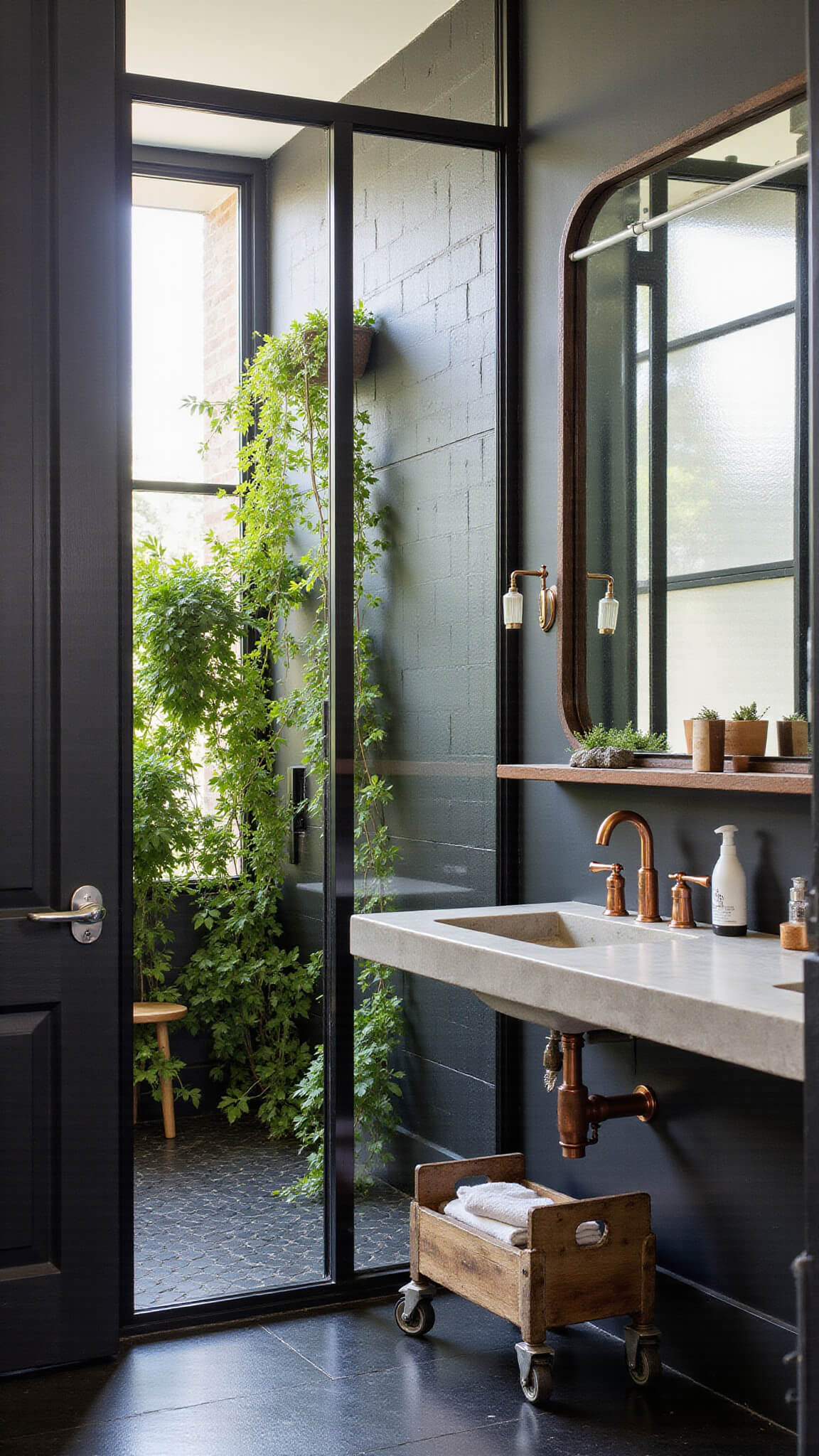 Modern industrial bathroom with black-framed shower, living plant wall, matte hex tile floor, concrete vanity, and copper fixtures.