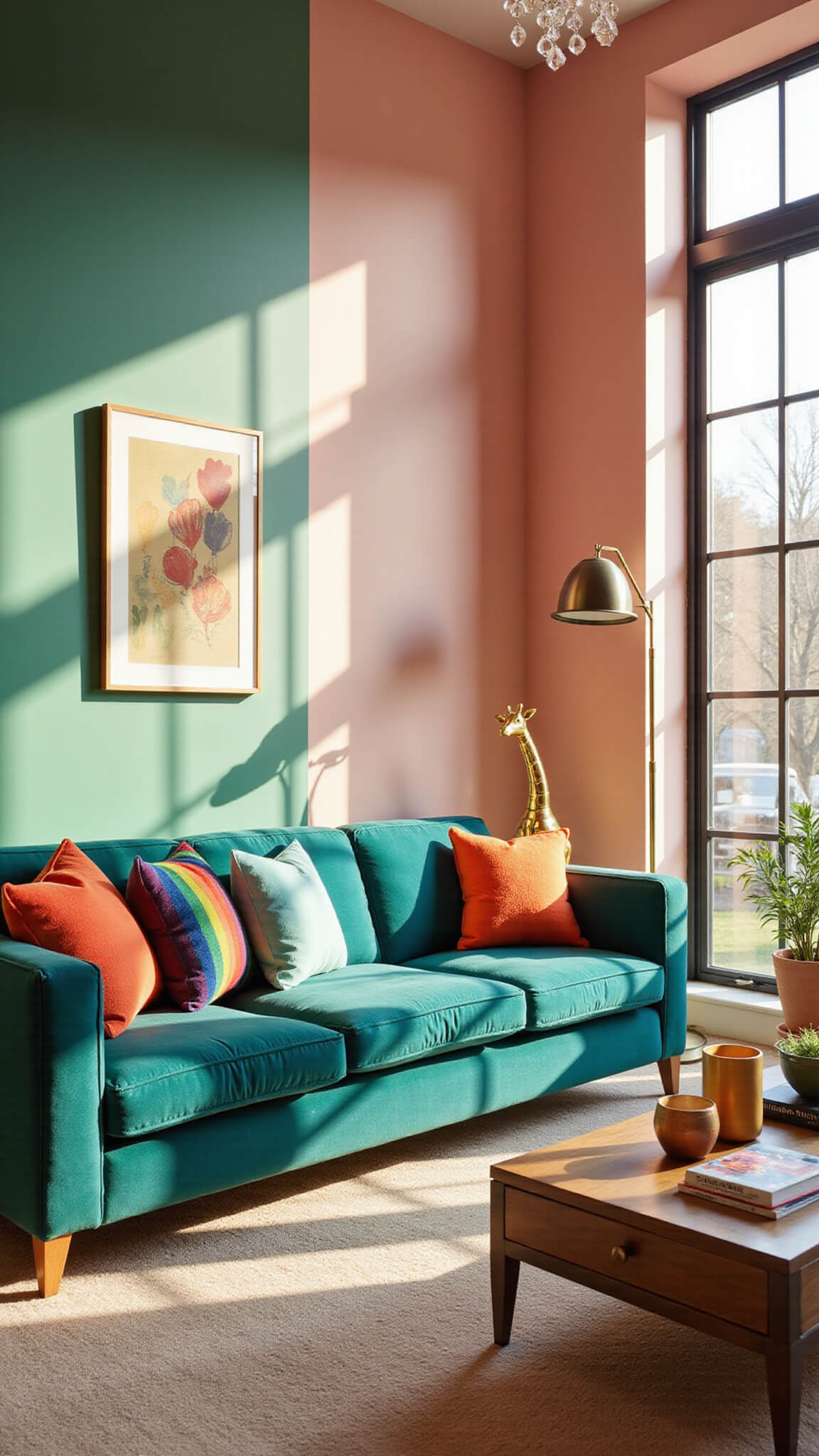 Sunlit living room with pink and emerald walls, teal velvet sofa, rainbow pillows, brass giraffe lamps, and crystal prisms casting light spots.
