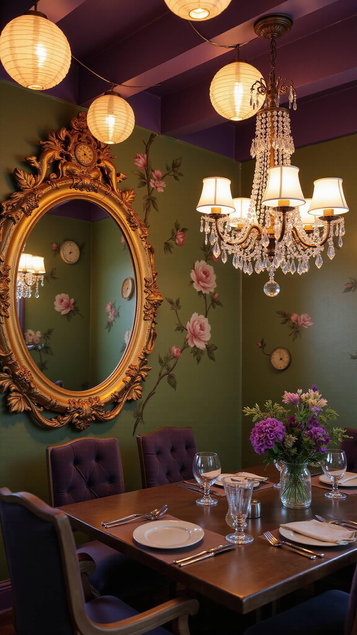 Fairy tale dining room with gold-leaf mirror, crystal chandeliers, floating clock murals, and paper lanterns under purple-to-sage walls.
