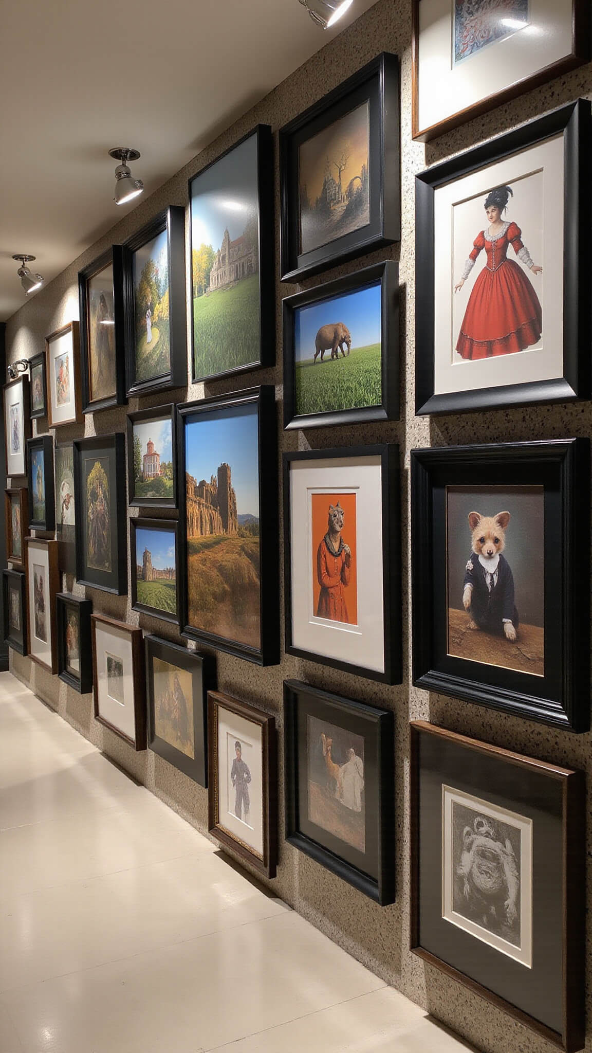 Eclectic gallery wall in 20ft hallway with whimsical art in varied frames, chrome lighting, and metallic geometric wallpaper during blue hour.