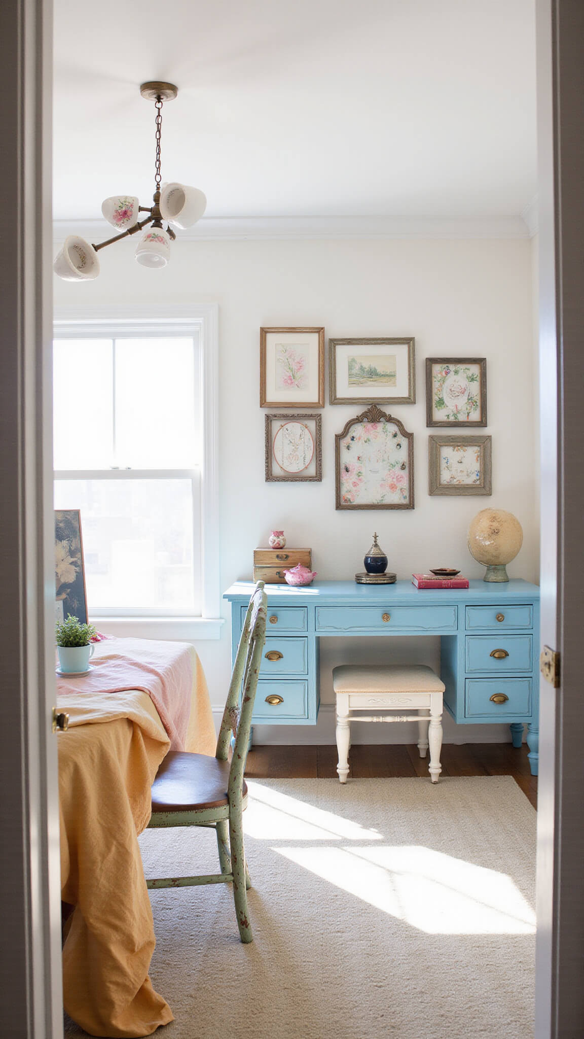 Brightly lit craft room with hand-painted watercolor furniture, floating teacup lights, vintage frame jewelry display, and a soft blue, pink, and white color palette with gold accents.