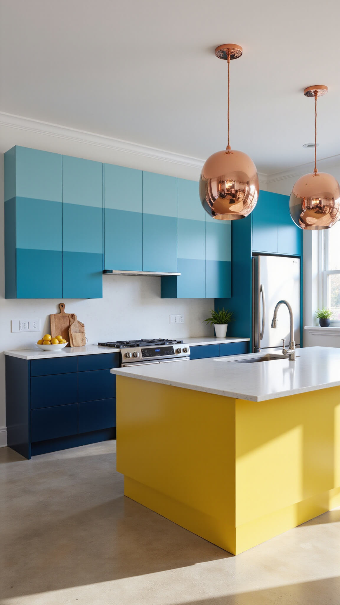 Modern 16x20ft kitchen with ombre cabinets fading from indigo to sky blue, centered around a yellow island, copper pendant lights, and a mix of glossy and matte finishes under mid-afternoon light.