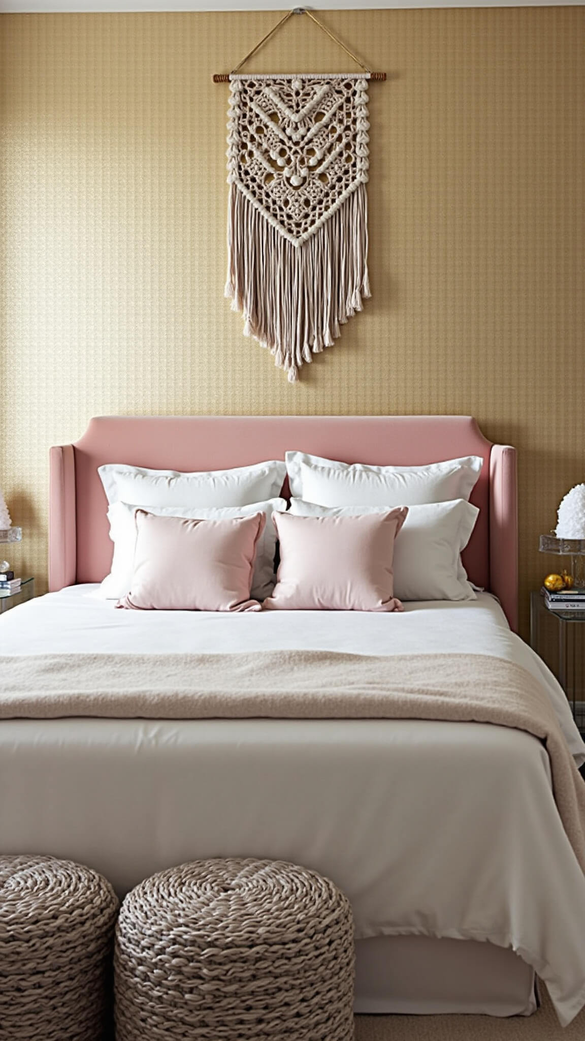 Master bedroom with blush velvet headboard, metallic grasscloth wallpaper, and layered textures in soft morning light.