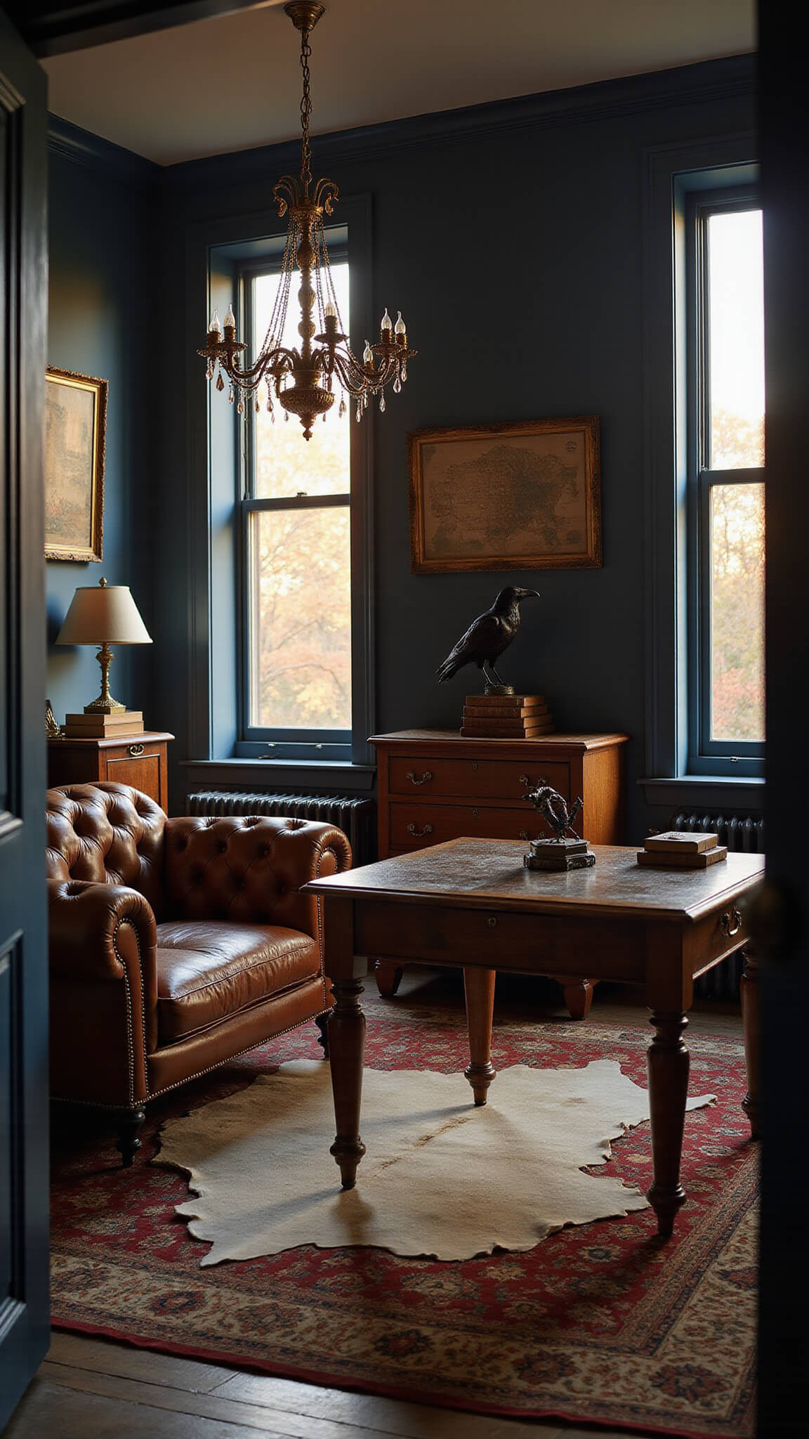 Moody Victorian study with navy walls, leather Chesterfield sofa, antique desk, vintage decor, and golden hour lighting through tall windows.