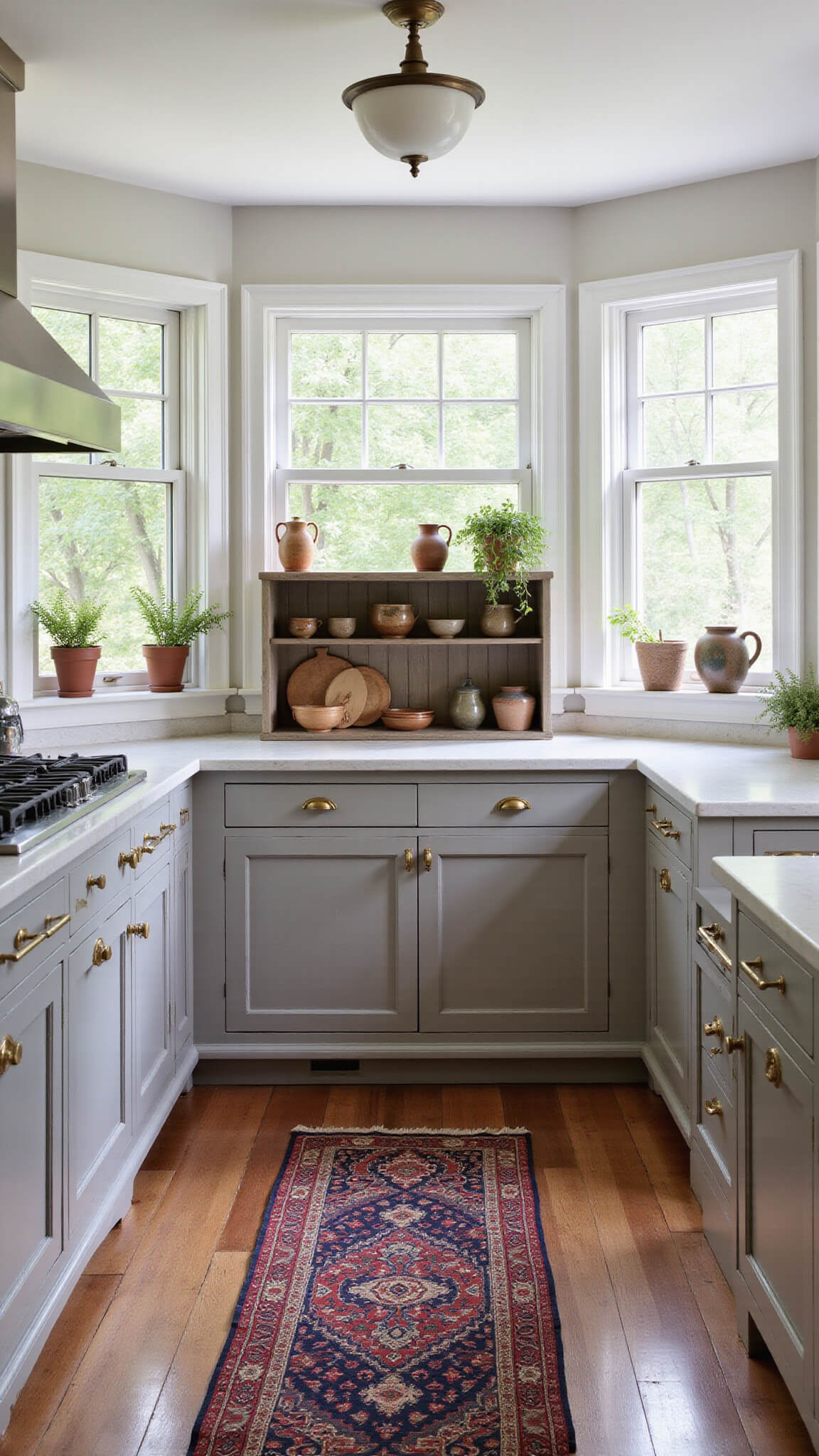 Farmhouse kitchen with shaker-style gray cabinets, antique hutch displaying ironstone, vintage runner on pine floors, and afternoon light streaming through white-trimmed windows.