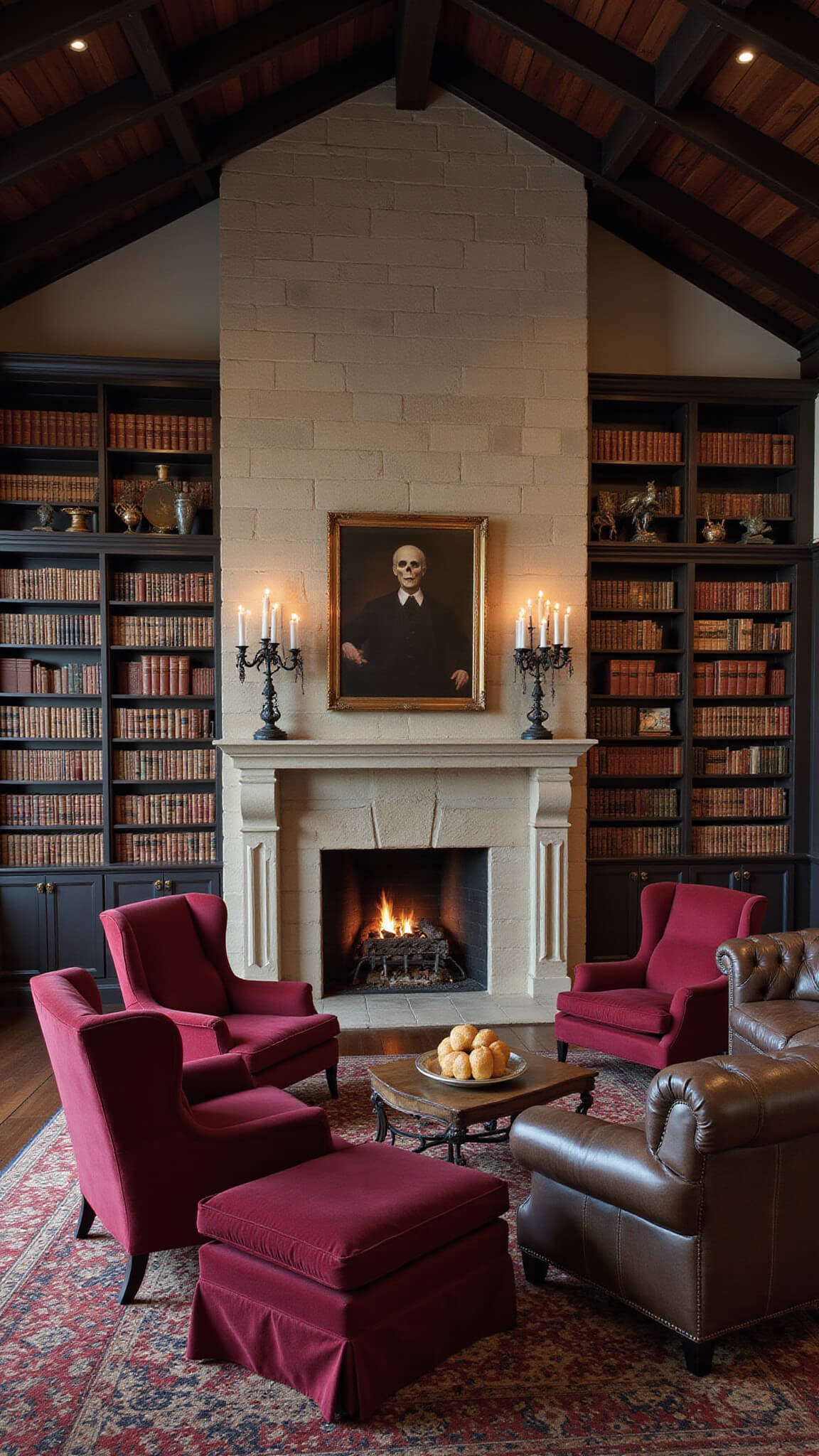 Great room with vaulted ceiling and exposed beams, stone fireplace, leather sofa, ruby velvet chairs, bookshelves, candlelit ambiance, and skull art above mantle at dusk.