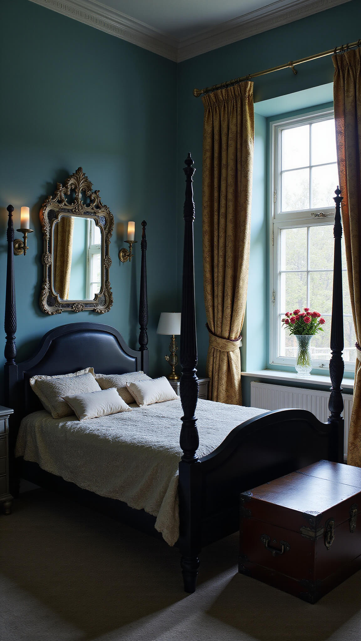 Victorian-style master bedroom with black four-poster bed, vintage lace and velvet bedding, antique silver mirror, gothic sconces, and dramatic shadows at twilight.