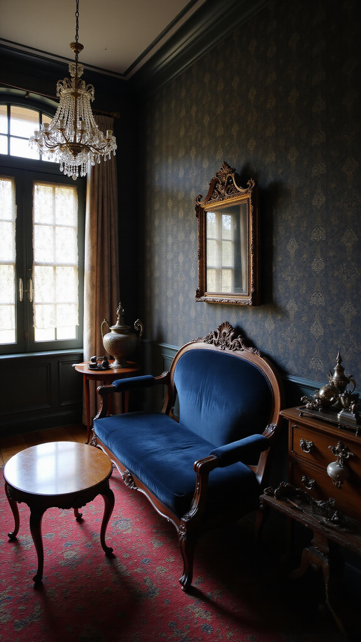 Victorian parlor with black grasscloth wallpaper, crystal chandelier, mahogany settee in blue velvet, antique tea table, and cabinet of curiosities, bathed in filtered morning light casting intricate shadows through lace curtains.