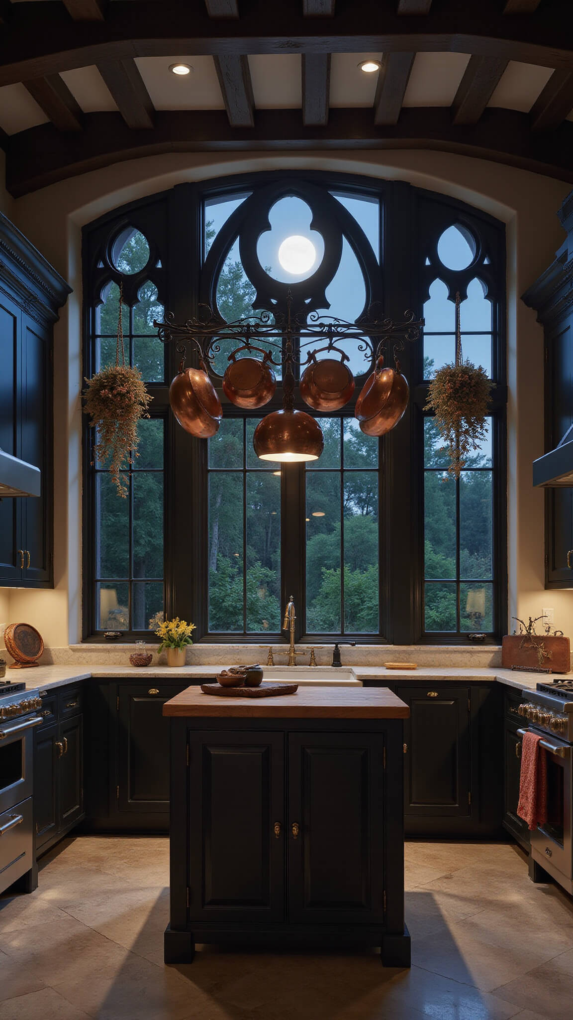 Midnight kitchen with matte black cabinets, brass hardware, copper pots on iron rack, moonlit marble counters, gothic windows, hanging dried herbs, and antique butcher block island.