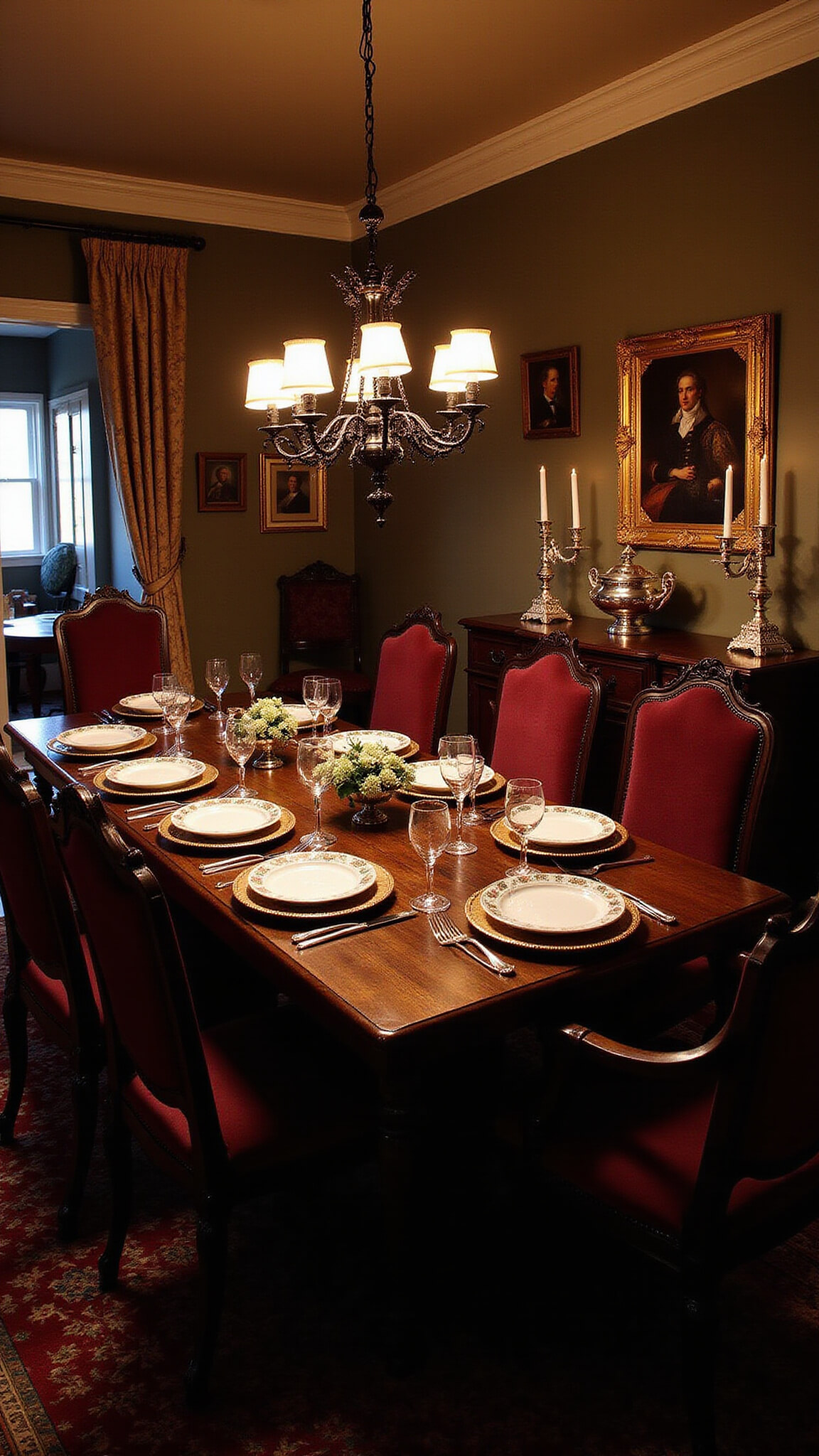 Candlelit gothic dining room with dark walnut table, burgundy velvet chairs, black crystal chandelier, and silver candelabras.