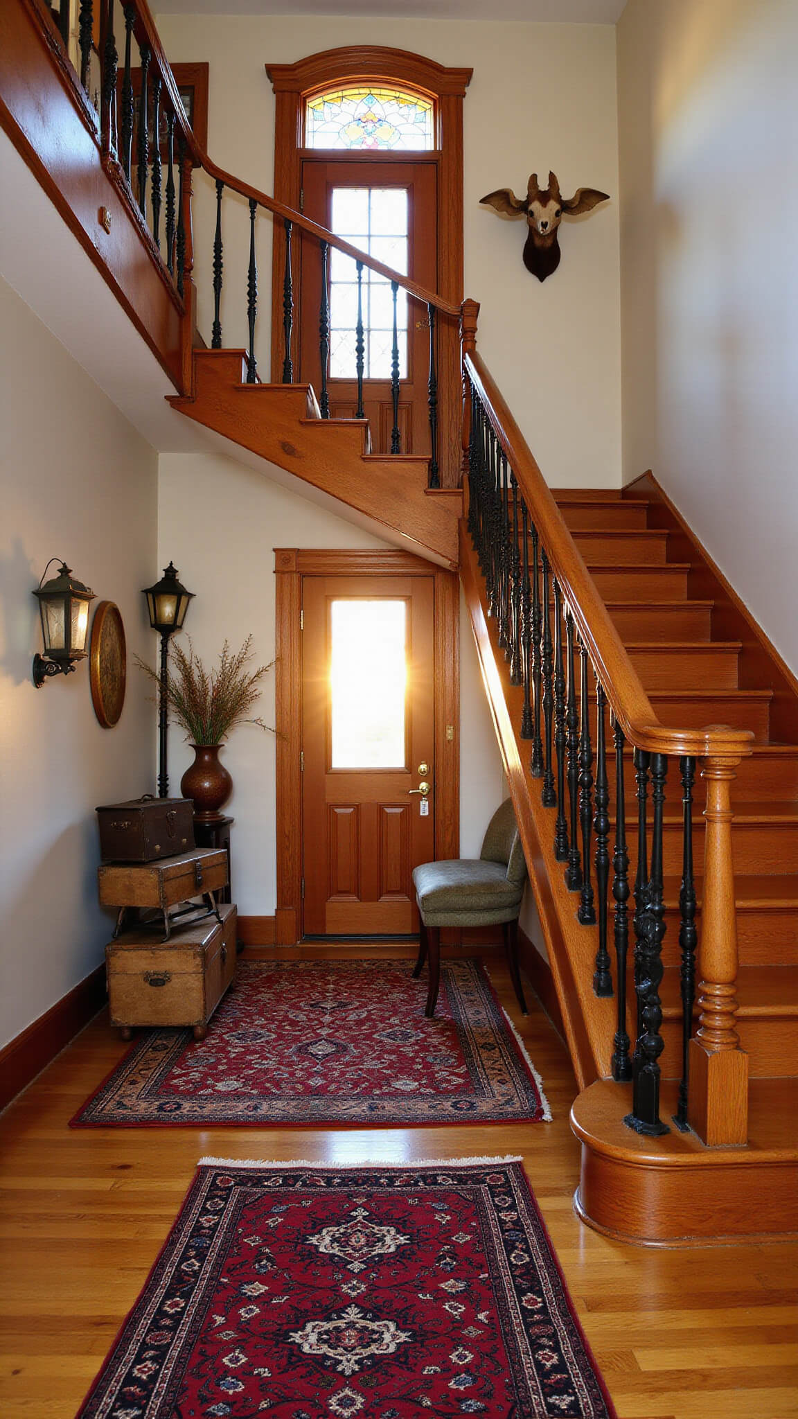 Entryway with sweeping wooden staircase and wrought iron balusters, vintage Persian runner, antique hall tree, stacked Victorian hat boxes, and golden sunset light streaming through stained glass transom.