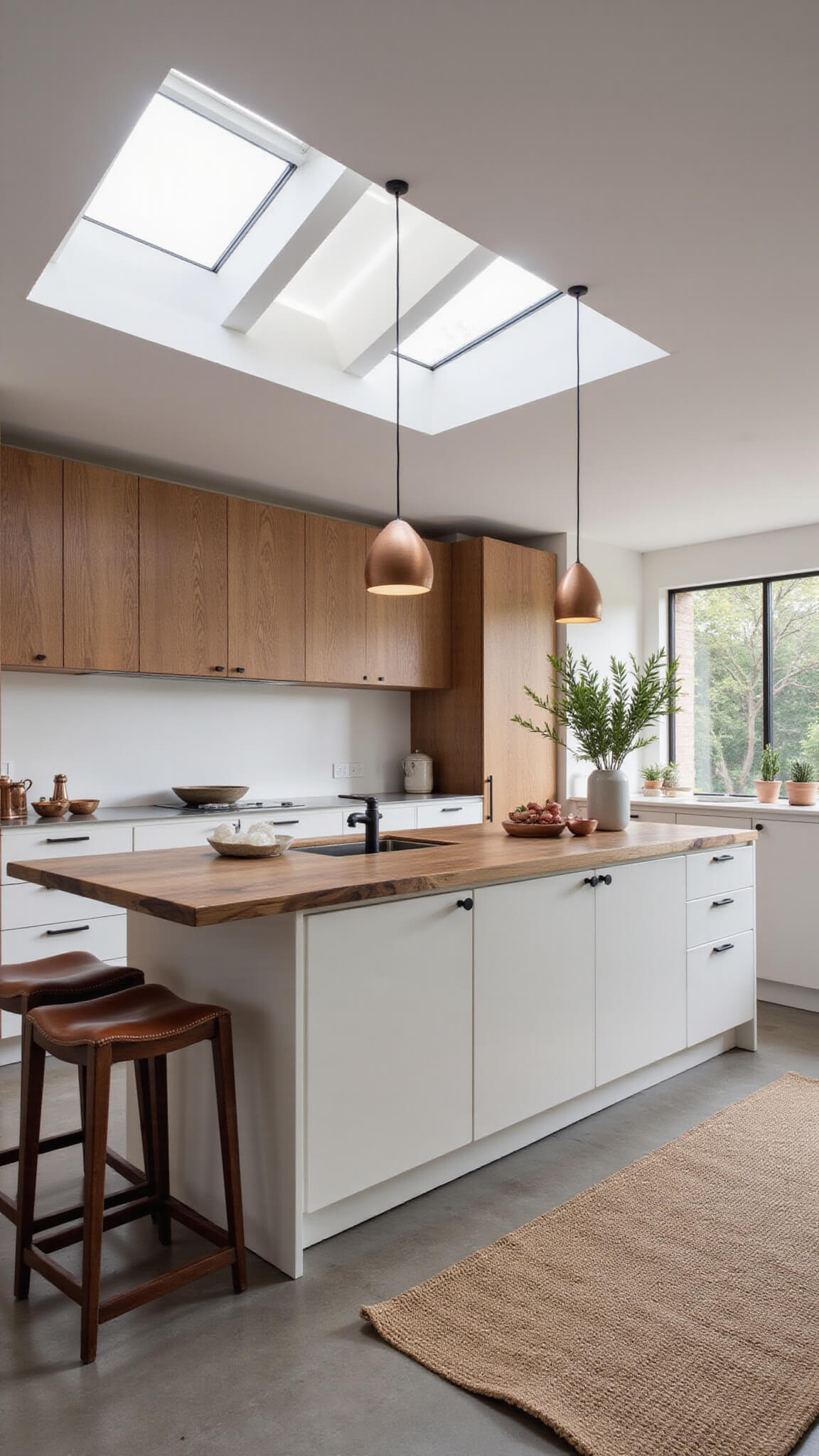 Modern rustic kitchen with live-edge island, two-tone cabinets, and skylight-lit dreamy atmosphere.