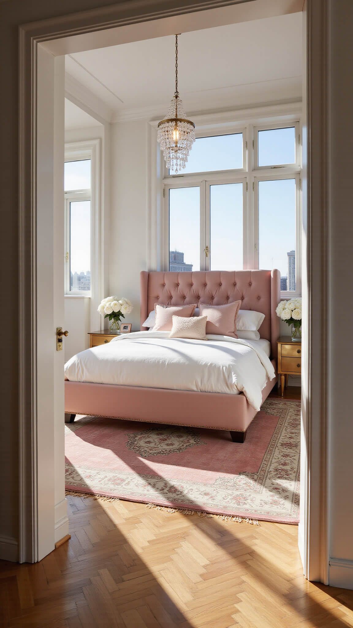 Luxurious sunlit bedroom with a tufted pink velvet king bed, crystal chandelier, white oak herringbone floors, and blush accents viewed from the doorway.