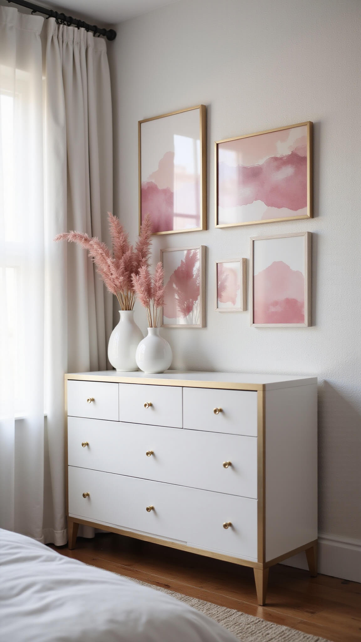 Low-angle view of a softly lit bedroom corner at dawn, featuring a modern white dresser with gold hardware, abstract pink and white art above, and vases of dried pink pampas grass against textured white wallpaper.