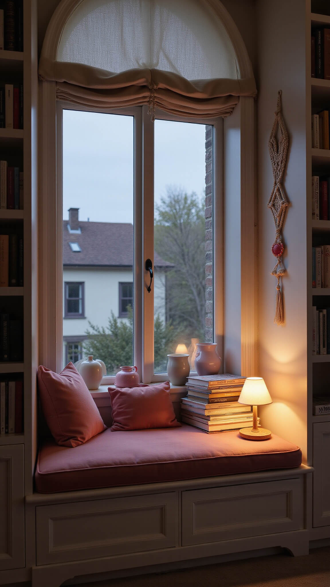Cozy window reading nook at dusk with pink velvet cushion, white bookshelves, art books, pink glassware, and warm lamp lighting.