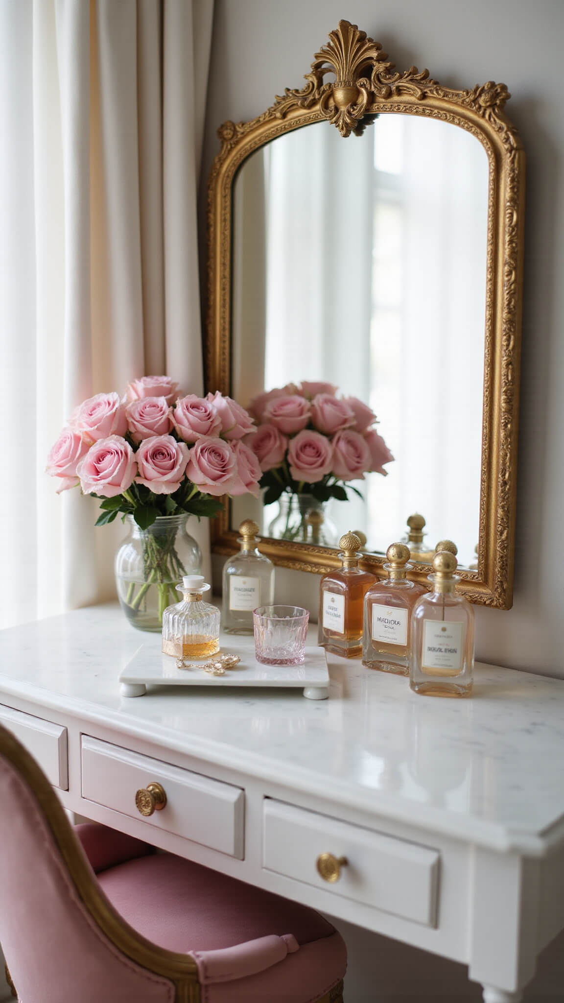 Close-up of elegant vanity with pink velvet chair, gold mirror, crystal perfume bottles, and pink roses reflected, bathed in soft morning light.