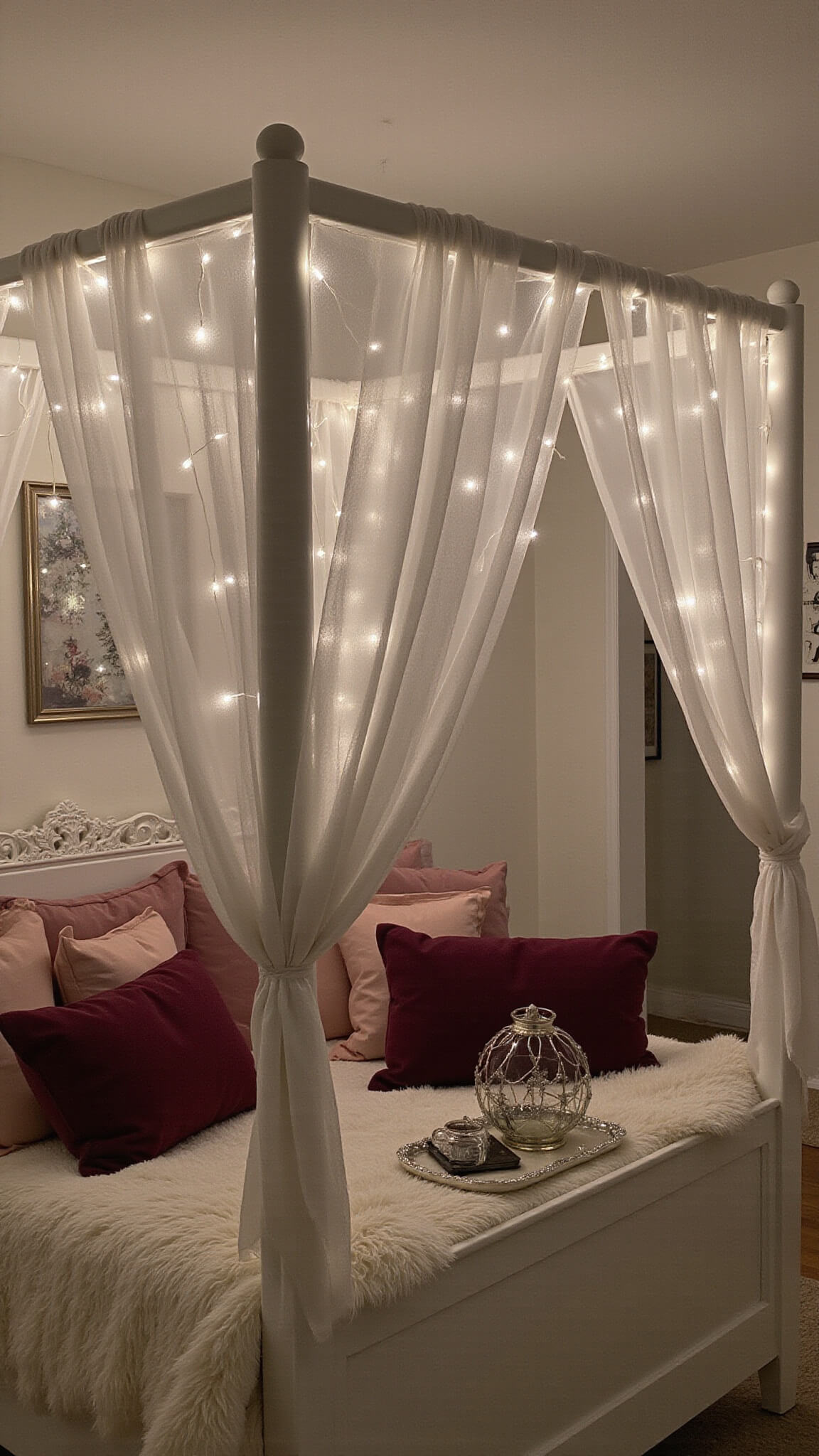 Cozy twilight bedroom with fairy lights, white four-poster bed draped in sheer panels, rose and pink pillows, white faux fur rug, and reflective silver accents.