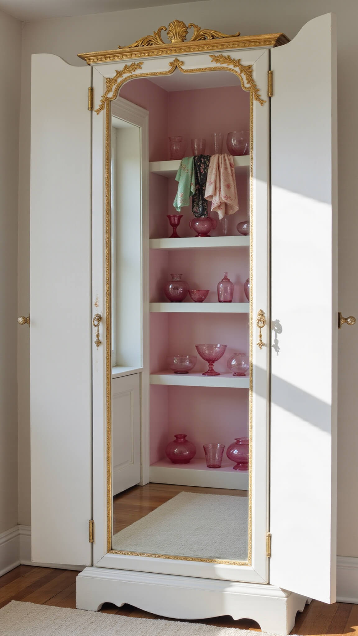 Sunlit dressing area with floor-length gilt mirror, white armoire with pink interior, vintage pink glass on floating shelves, silk scarves, and crystal doorknobs catching morning light.
