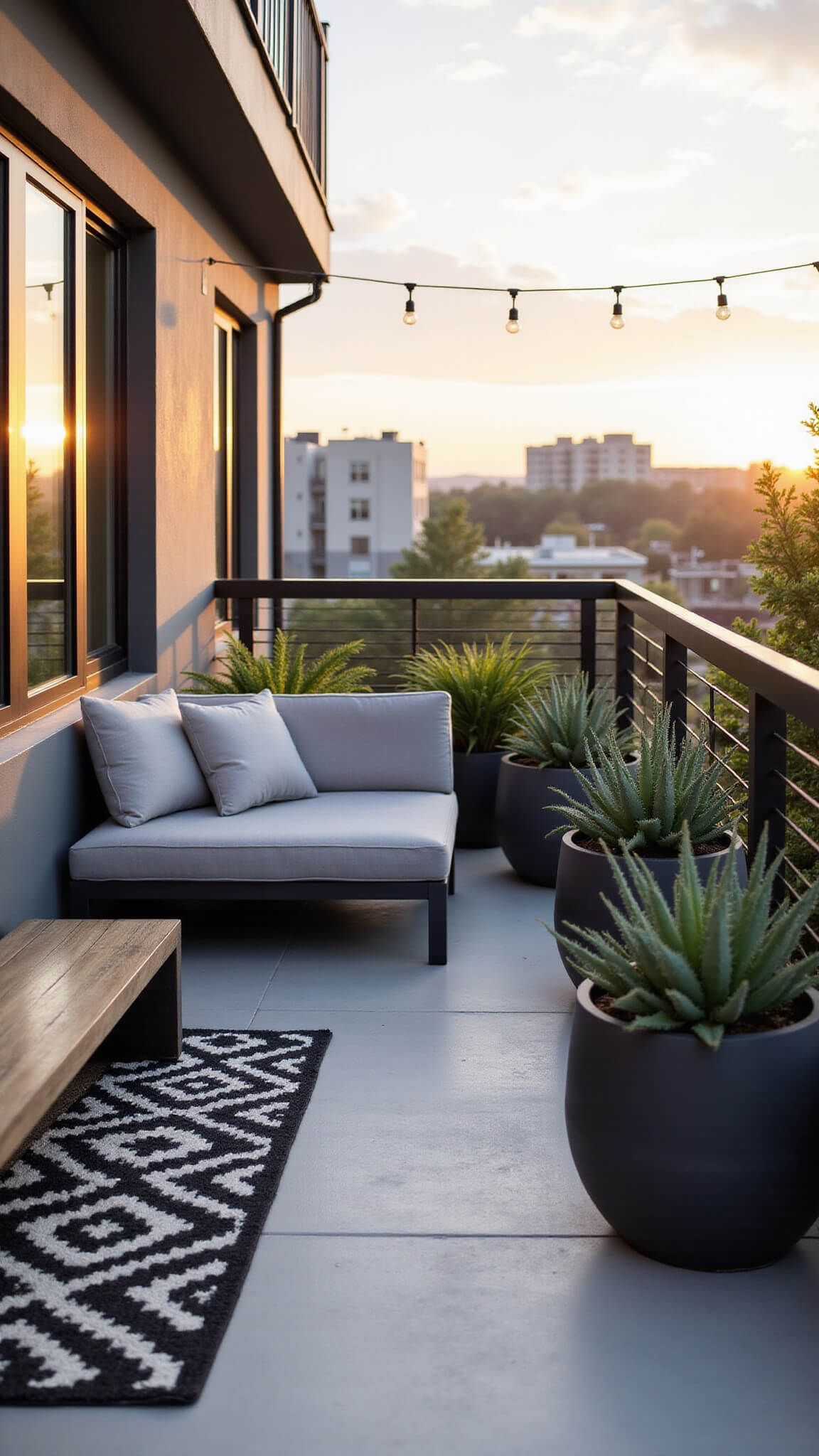 Contemporary 6x8ft balcony with charcoal-gray seating, geometric rug, succulents in matte black planters, and industrial railing glowing in golden hour light.