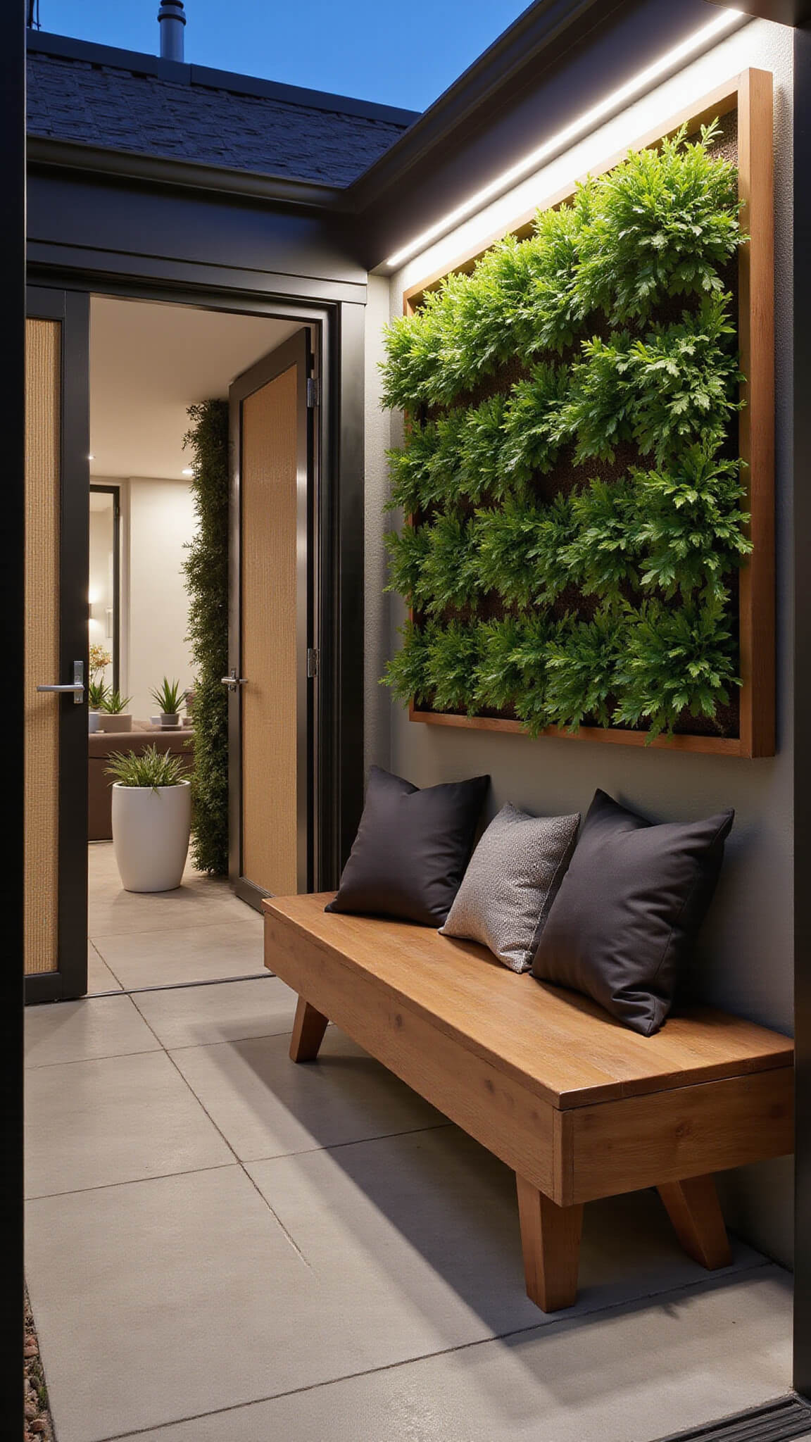 Narrow modern balcony at dusk with vertical garden, teak bench, bamboo screens, and concrete-look tile flooring.