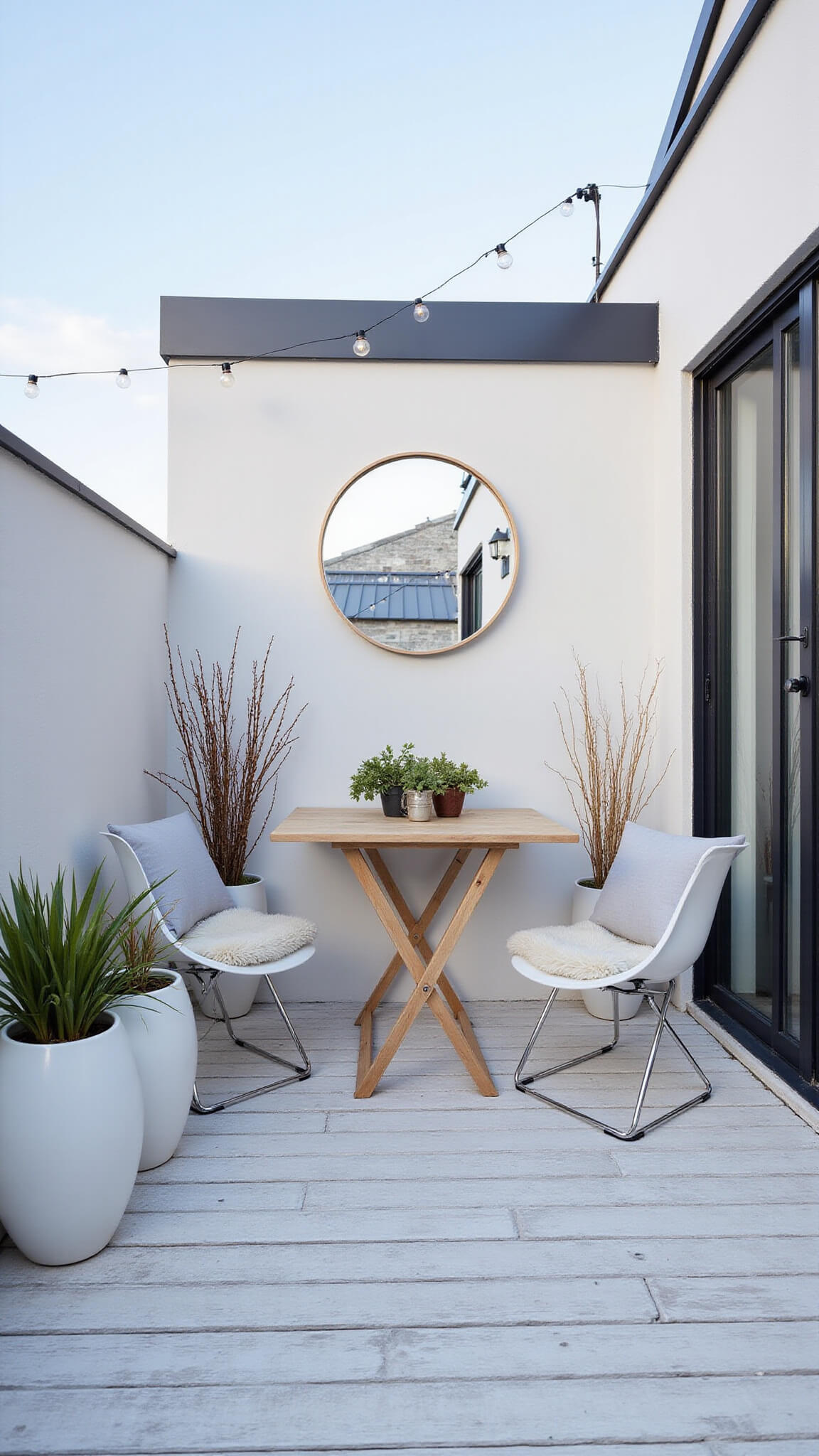 Scandinavian-style corner balcony with whitewashed deck tiles, fold-down wood table, ghost chairs, birch planters, sheepskin throws, and soft string lighting during blue hour.