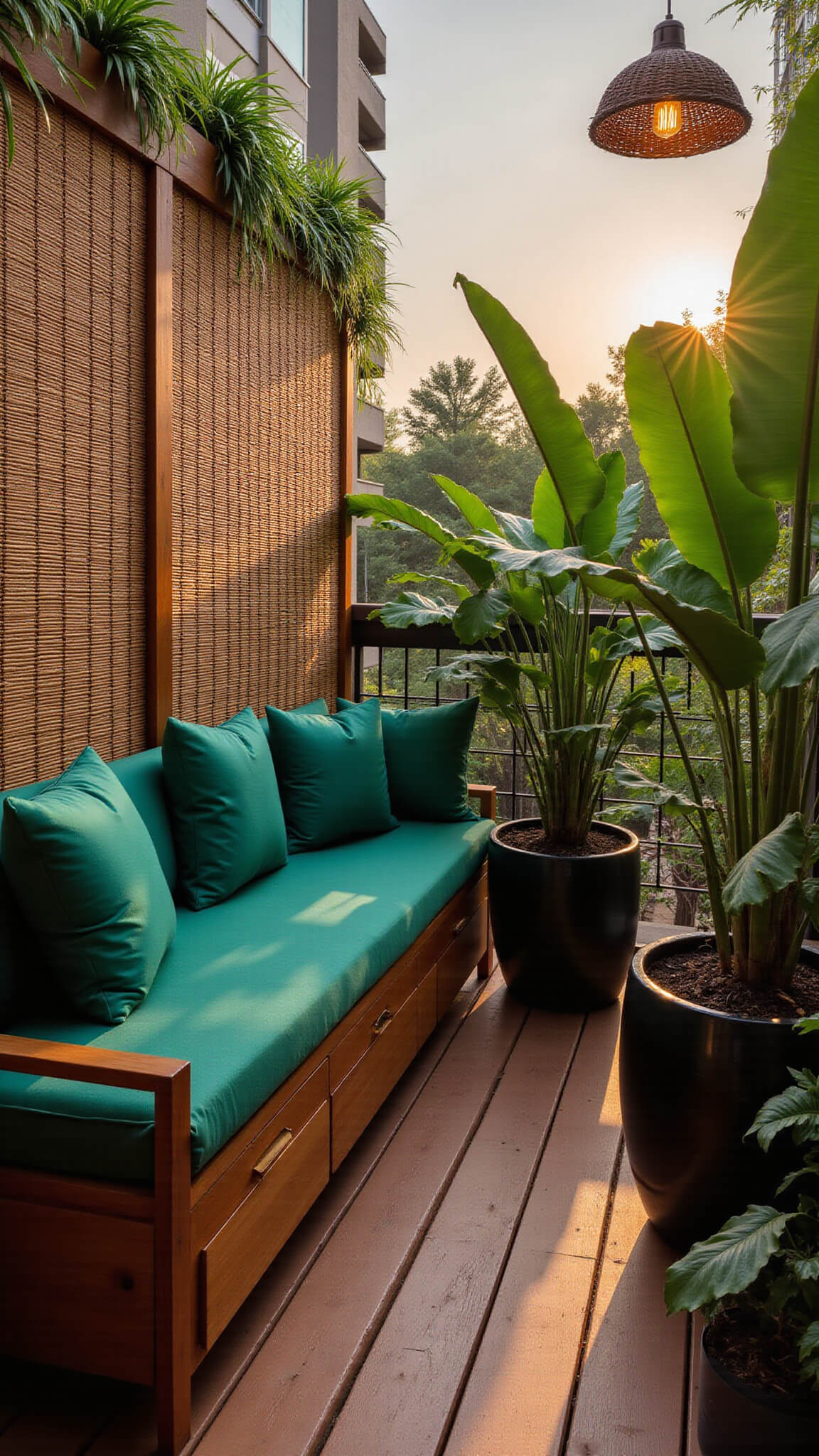Sunset view of cozy tropical balcony with emerald cushioned L-bench, bamboo and copper privacy screen, lush greenery in black planters, and pendant lamp casting shadows over teak decking.