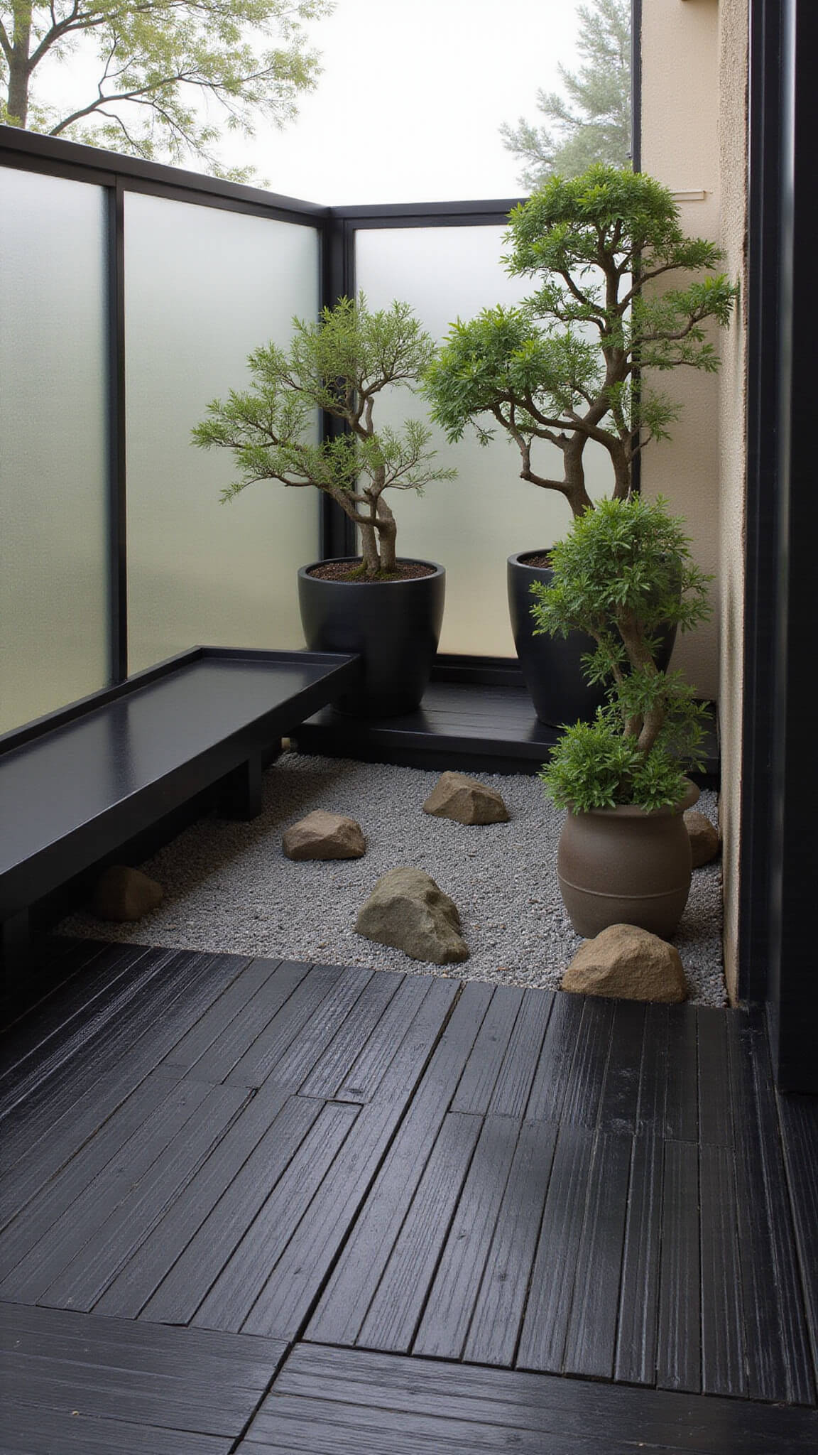 Minimalist Zen garden balcony with black bamboo decking, silver sand rock garden, three bonsai in charcoal pots, and custom shoji screen in morning mist.