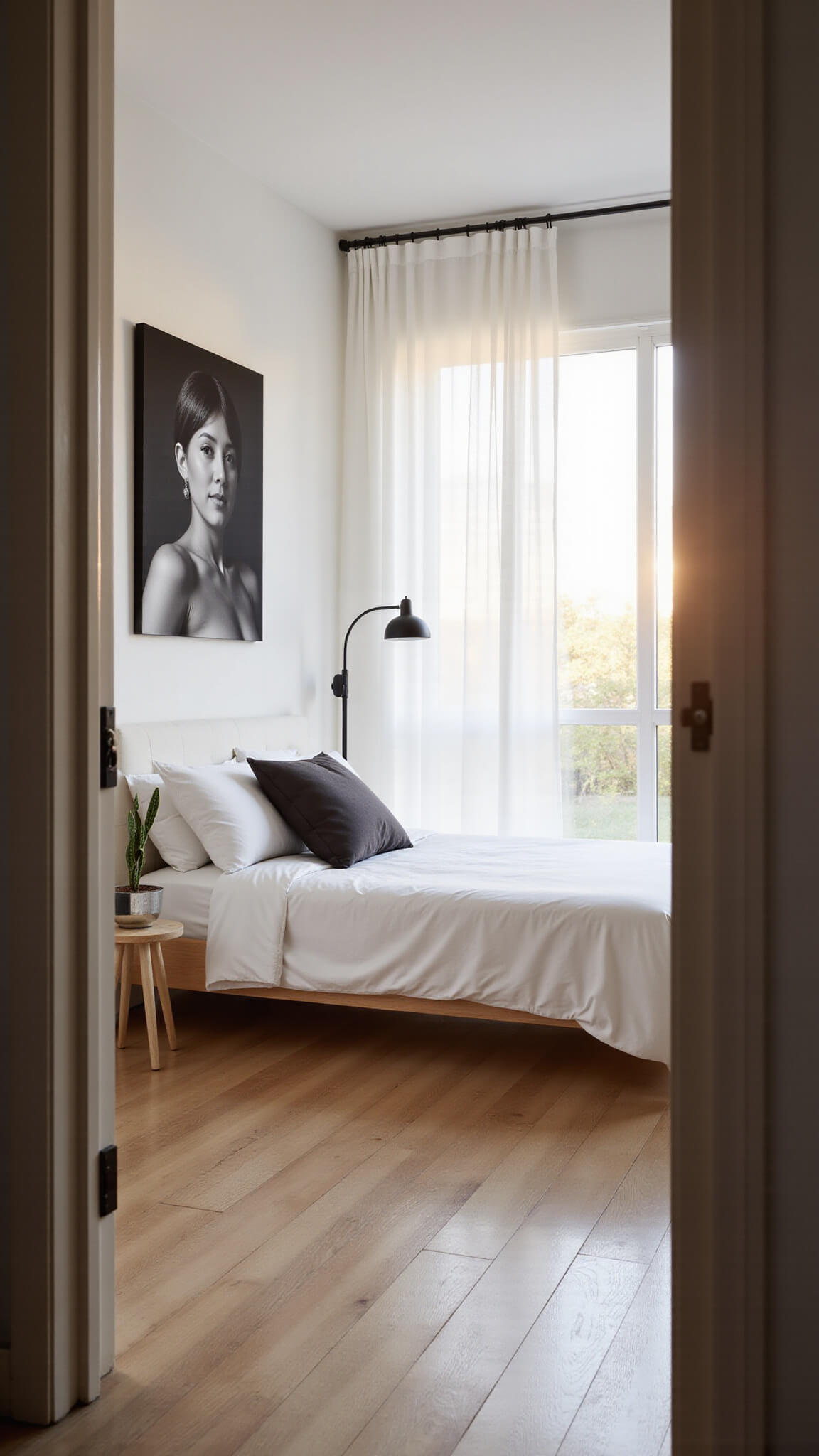 Minimalist 10x12ft bedroom at golden hour with low platform bed, white linens, charcoal pillow, pale oak floors, black reading lamp, large black-and-white photo, sheer curtains, and snake plant on round wood table.
