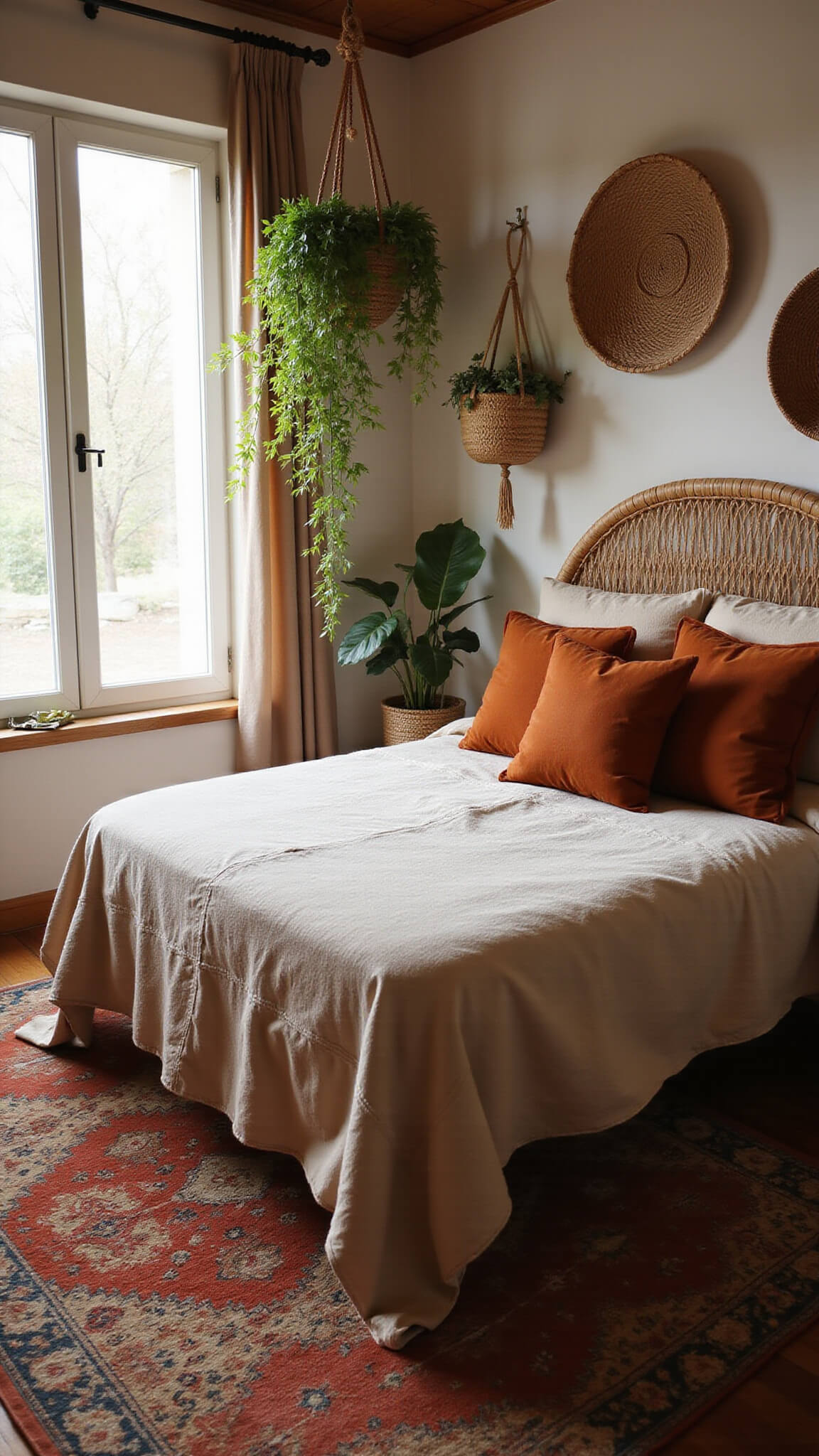 Boho-style bedroom with rattan bed, oatmeal linens, rust pillows, Moroccan rug, hanging plants, and woven wall decor in warm natural light.