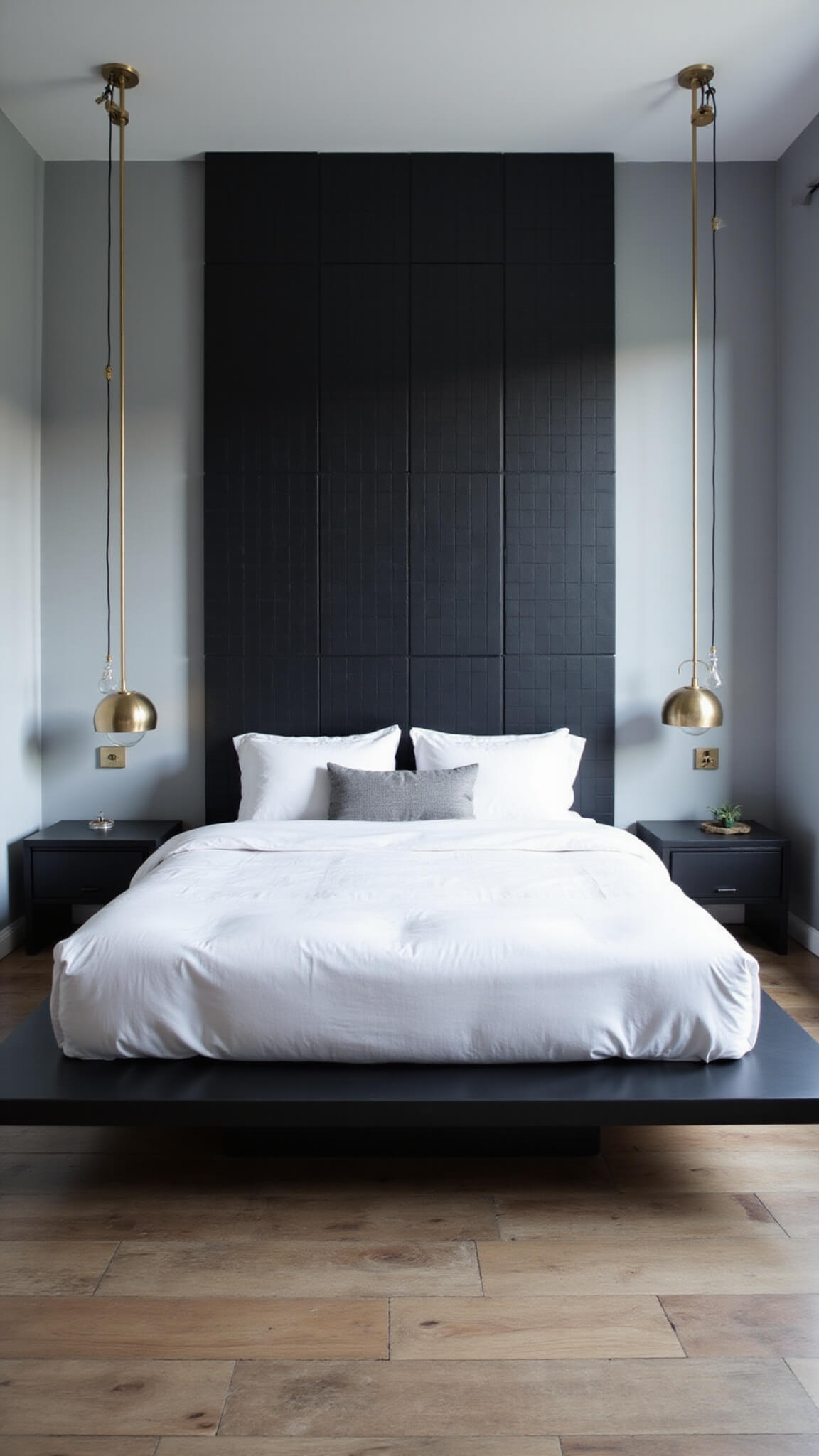 Modern monochrome bedroom with matte black floating bed, white bedding, brass pendant lights, and black grid accent wall in cool blue hour lighting.