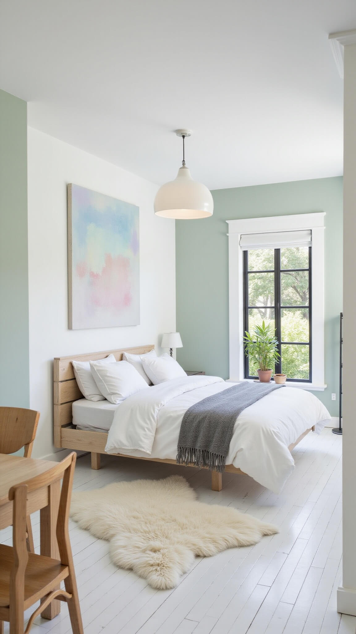 Scandinavian-style corner bedroom with pale sage wall, light birch furniture, white floorboards, and platform bed with white duvet and gray throw, viewed from above in bright natural light.