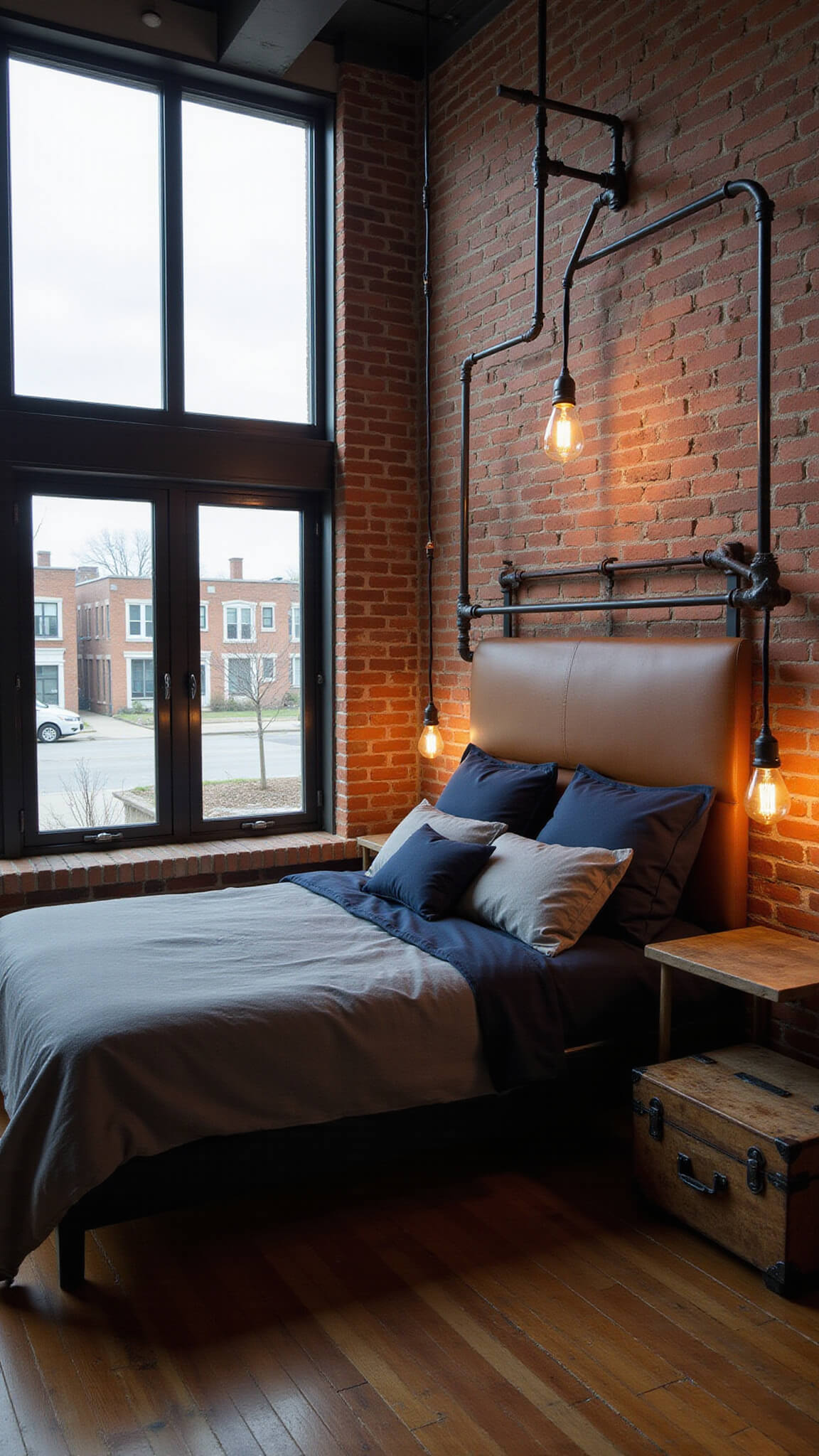 Industrial chic urban bedroom with exposed brick wall, steel-framed windows, iron pipe clothing rack, distressed leather headboard, concrete pendant lights, charcoal linen bedding, vintage trunk nightstand, and mixed warm and cool lighting.