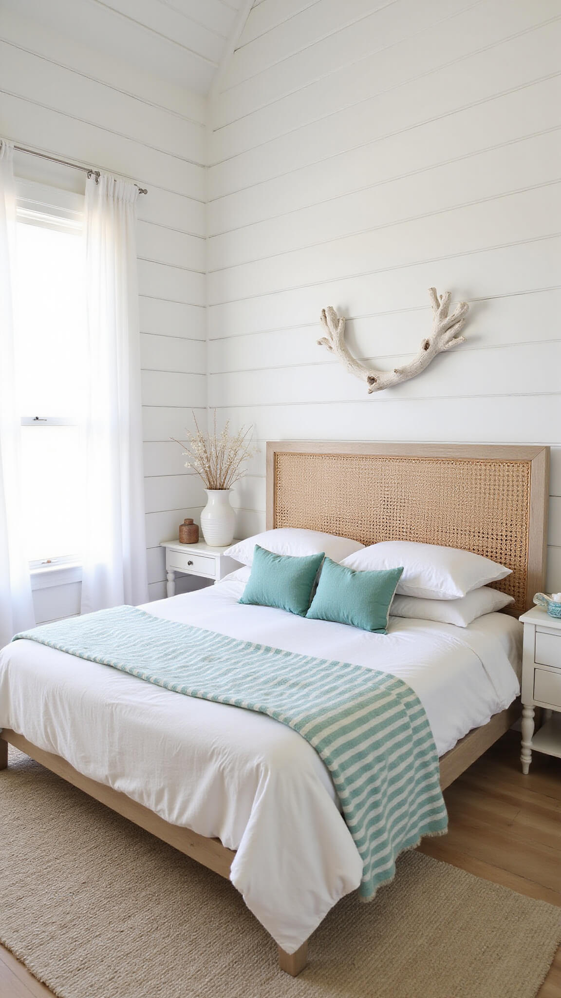 Bright beachside bedroom with white shiplap walls, rattan headboard, seafoam accents, and coastal decor in airy morning light.