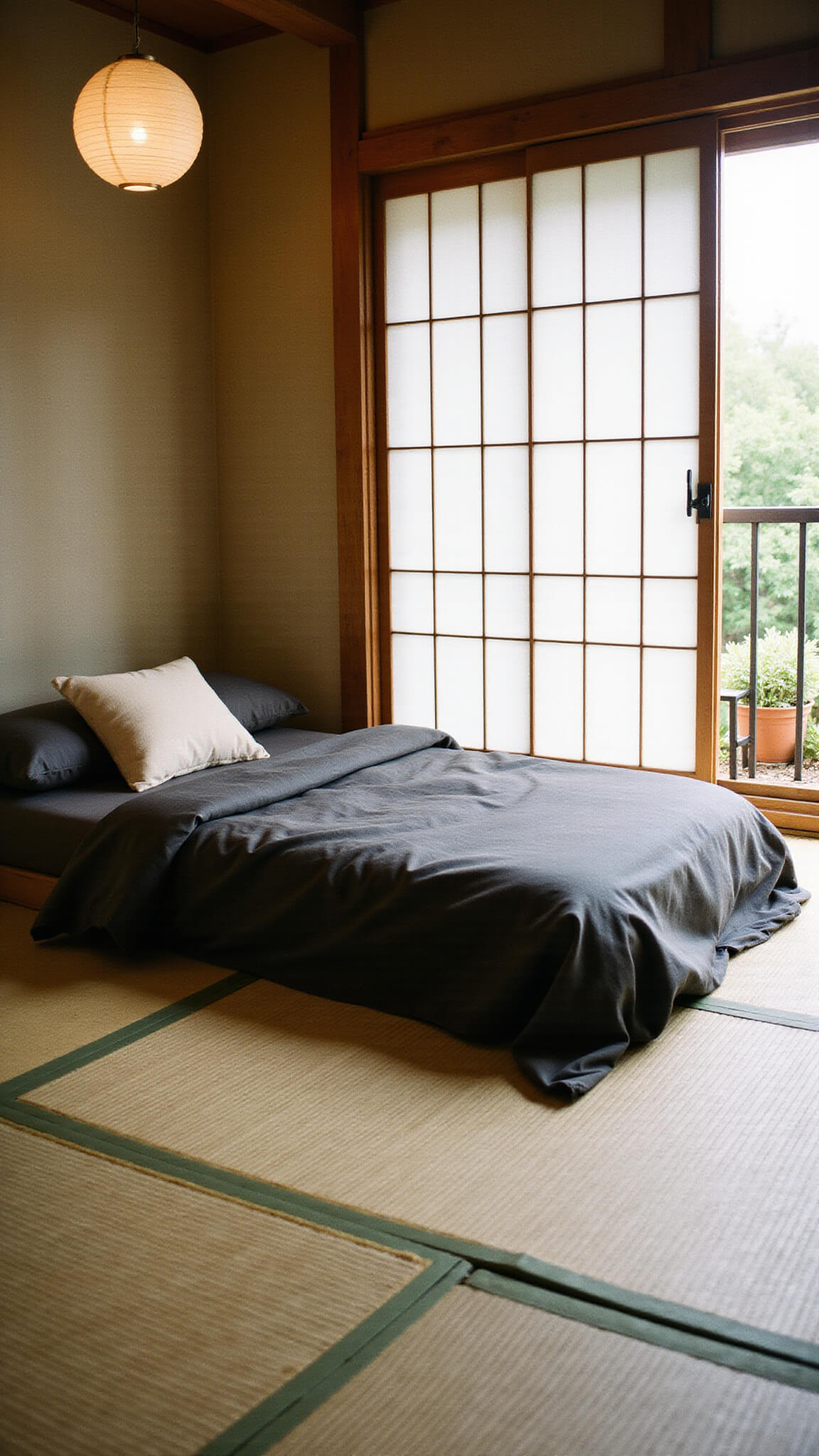 Minimalist Japanese Zen room with low futon bed, tatami mats, paper shoji screens, ikebana, and soft natural light.