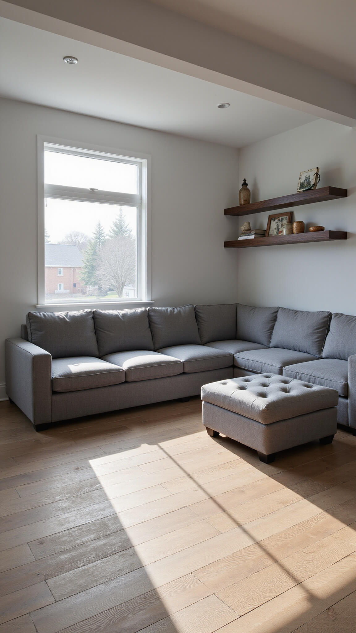 Modern basement living space with grey L-shaped storage sectional, convertible tufted ottoman, walnut floating shelves, and morning light on vinyl plank flooring.