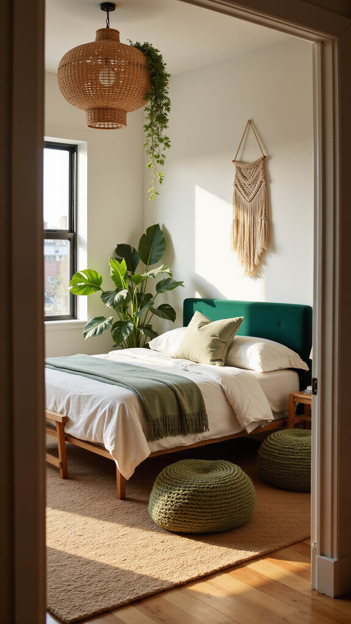 Cozy sunlit bedroom with vintage brass bed, emerald headboard, layered linens, macrame wall hanging, lush plants, and textured natural decor.