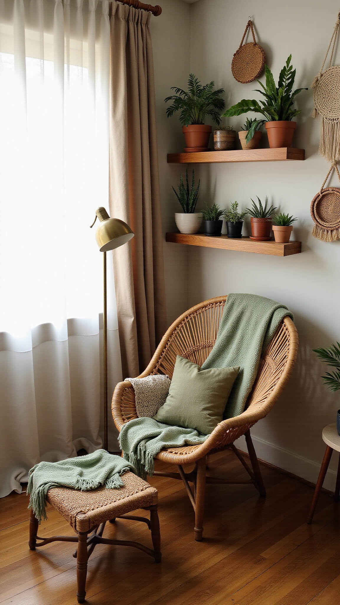 Boho bedroom corner at dawn with rattan peacock chair, sage throw, teak reading nook, floating shelves of potted plants, and soft morning light through sheer curtains.