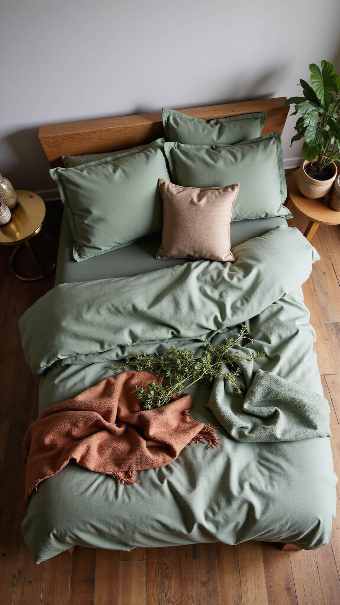 Overhead view of bohemian-style king bed with sage linen duvet, emerald silk pillows, earth-toned mudcloth throws, surrounded by brass tables, ceramics, and trailing plants in natural morning light.