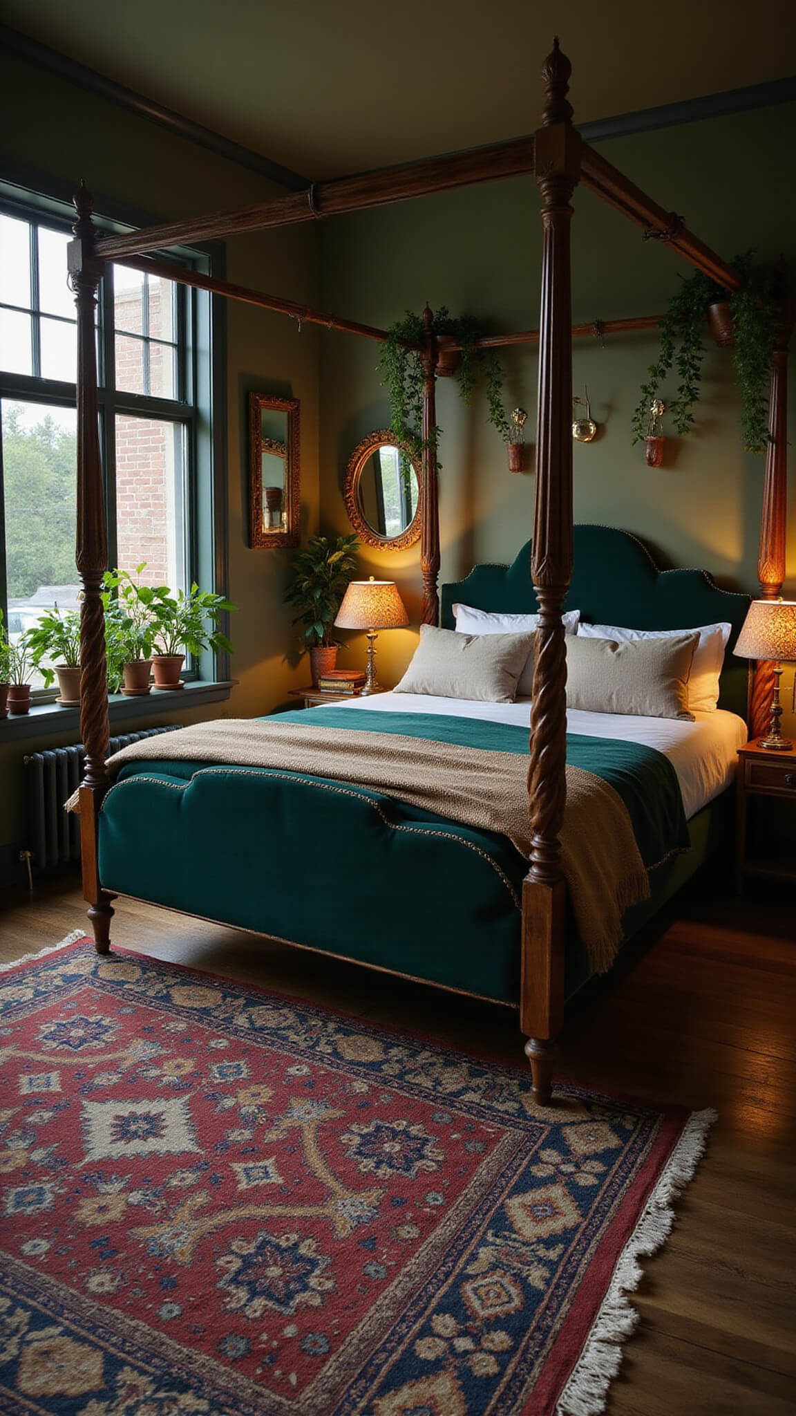 Twilight bedroom with emerald velvet four-poster bed, rattan lighting, hanging plants, brass mirrors, and olive green accent wall.