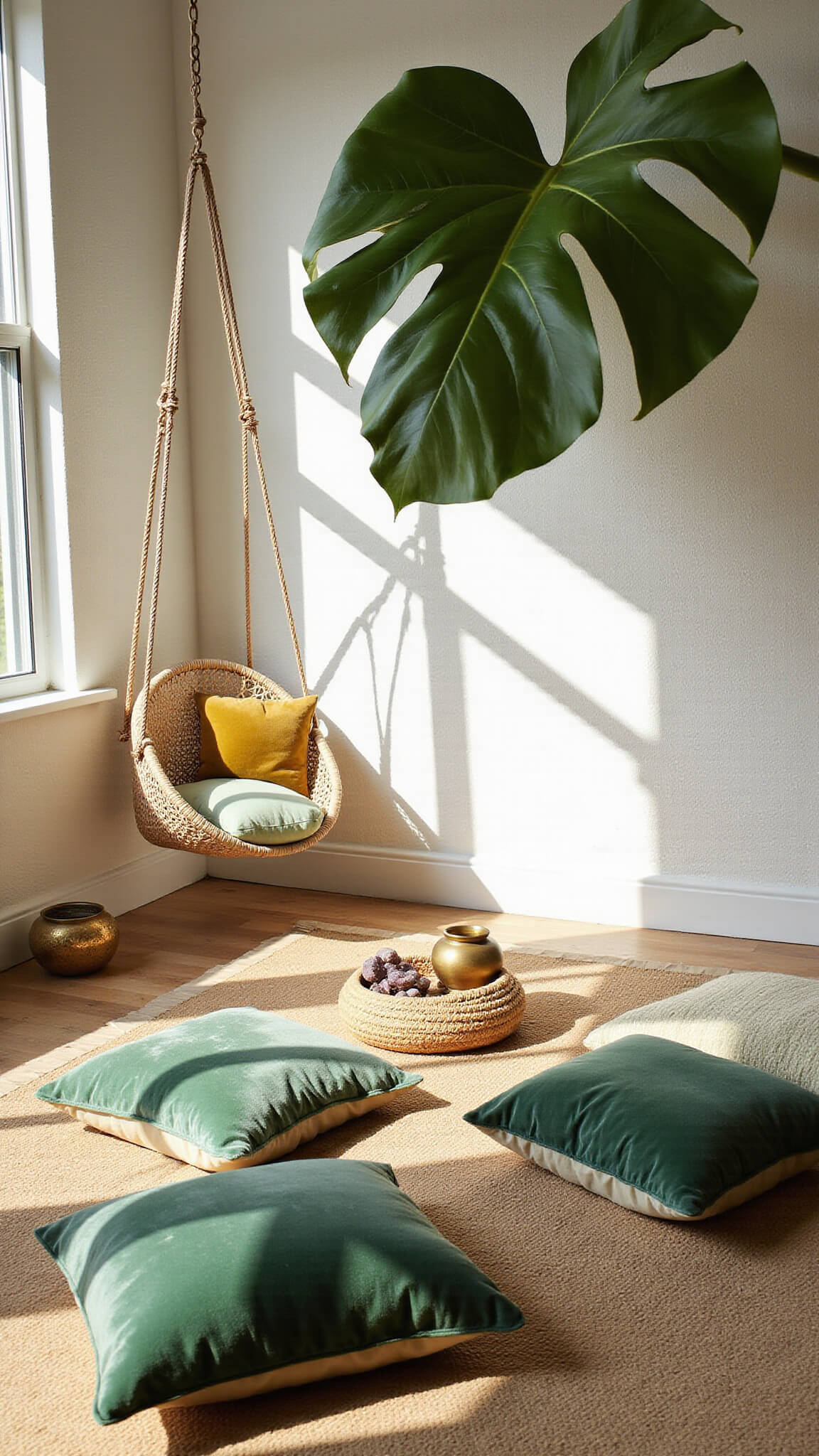 Sunlit meditation corner with green floor cushions on Moroccan rug, fiddle leaf fig casting shadows, hanging chair with cushions, and decorative incense holders and crystals.