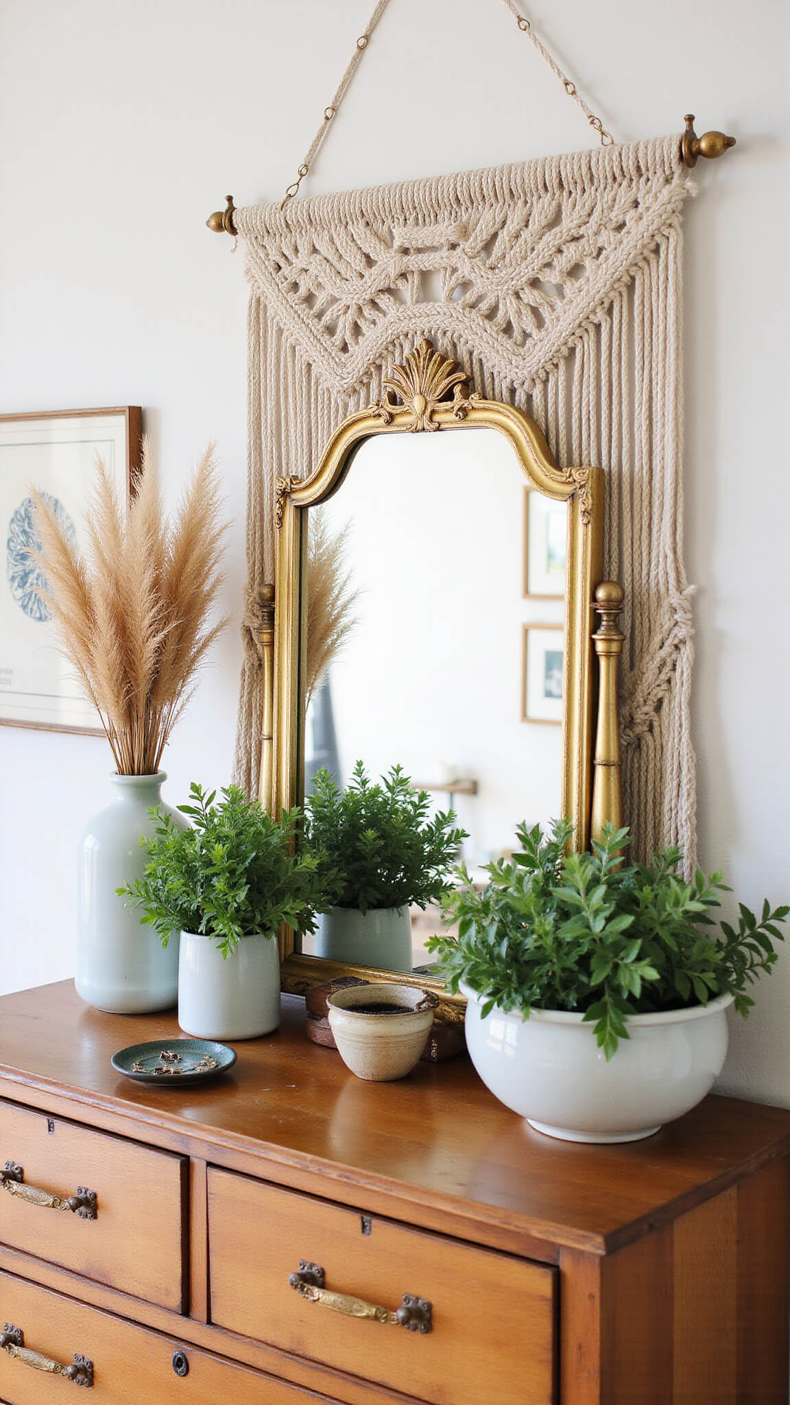 Vintage wooden dresser with brass mirror, ceramic vases of pampas grass, green plants, and macrame wall hanging in soft afternoon light.