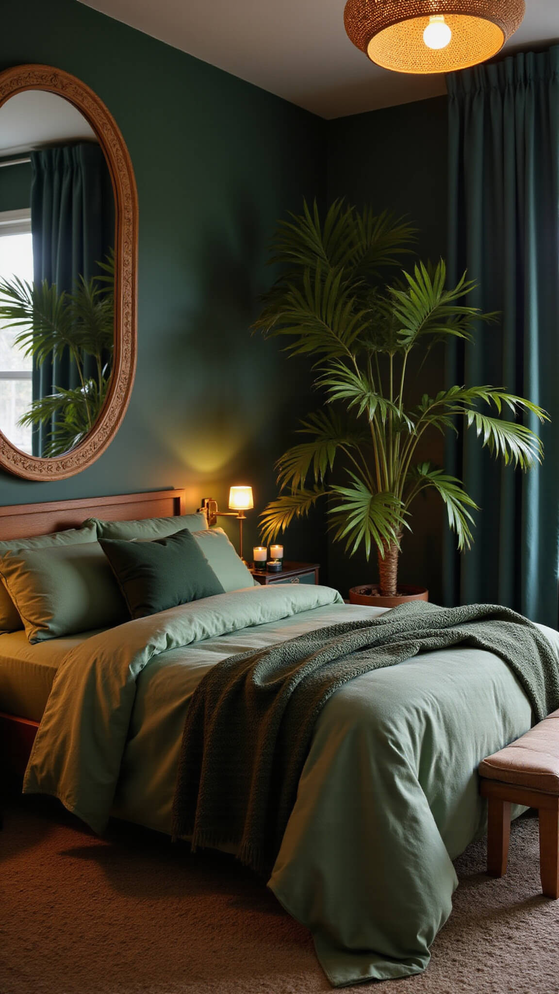 Cozy dusk bedroom with warm lighting, layered green bedding on California king bed, dark green accent wall, arch mirror reflecting light, and potted palms casting shadows.
